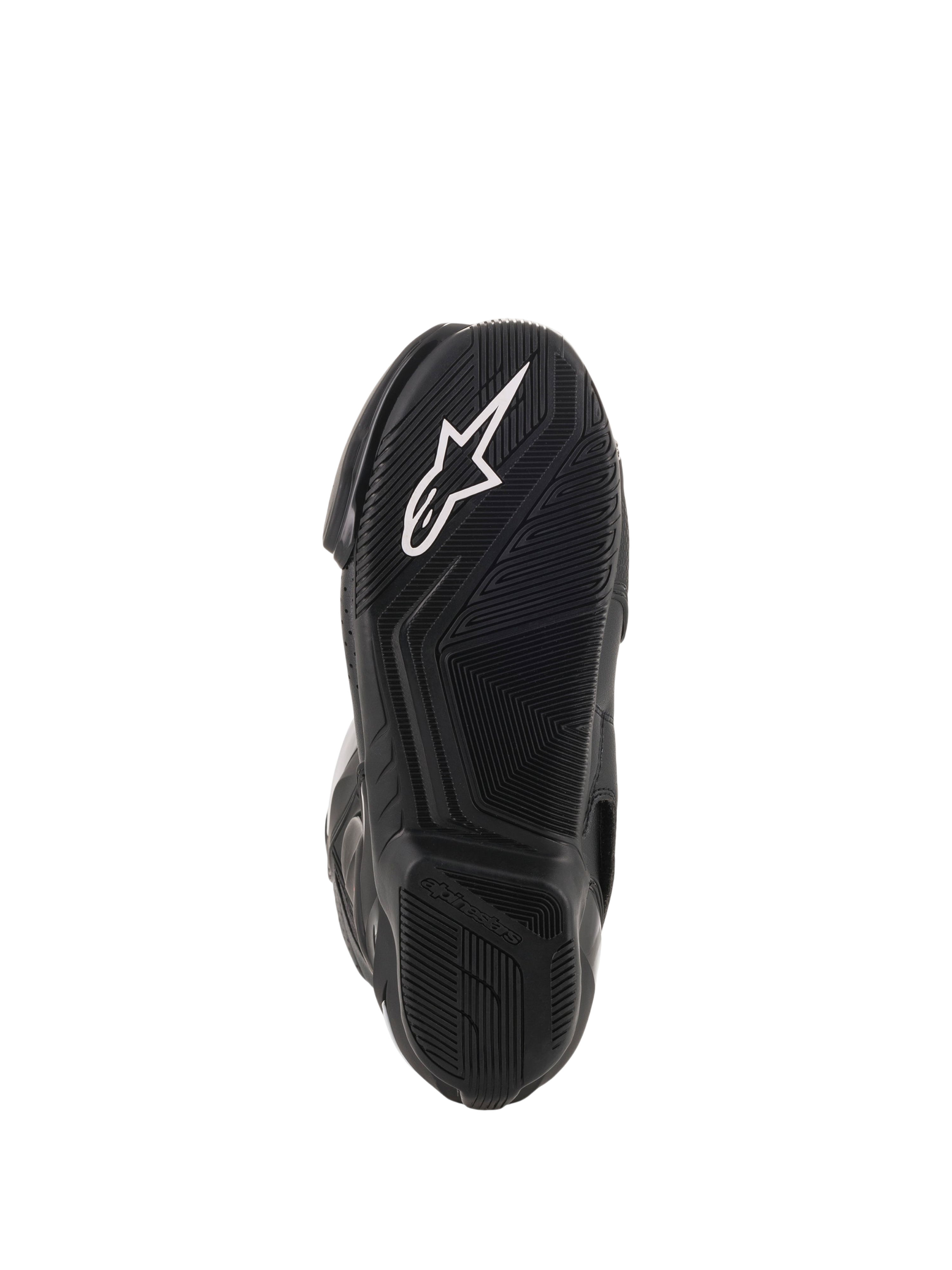 Alpinestars Stivali Vented SMX-6 V2, stivali da moto racing neri, primo piano della suola in gomma testurizzata con logo Alpinestars bianco