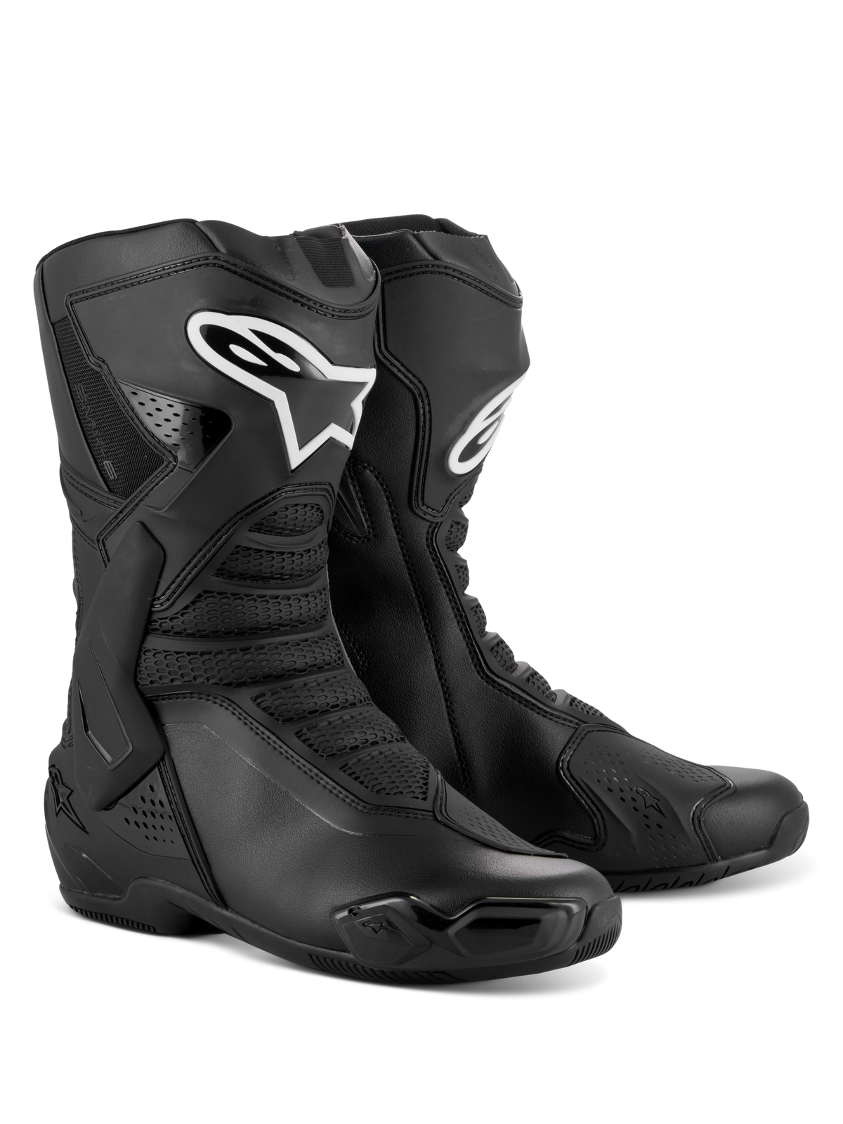 Stivali Alpinestars SMX-6 V3, stivali da moto ad alte prestazioni, nero, con protezione per stinco e caviglia in TPU, pannelli in mesh flessibile, design ergonomico per la guida sportiva e in pista, logo Alpinestars bianco sullo stinco