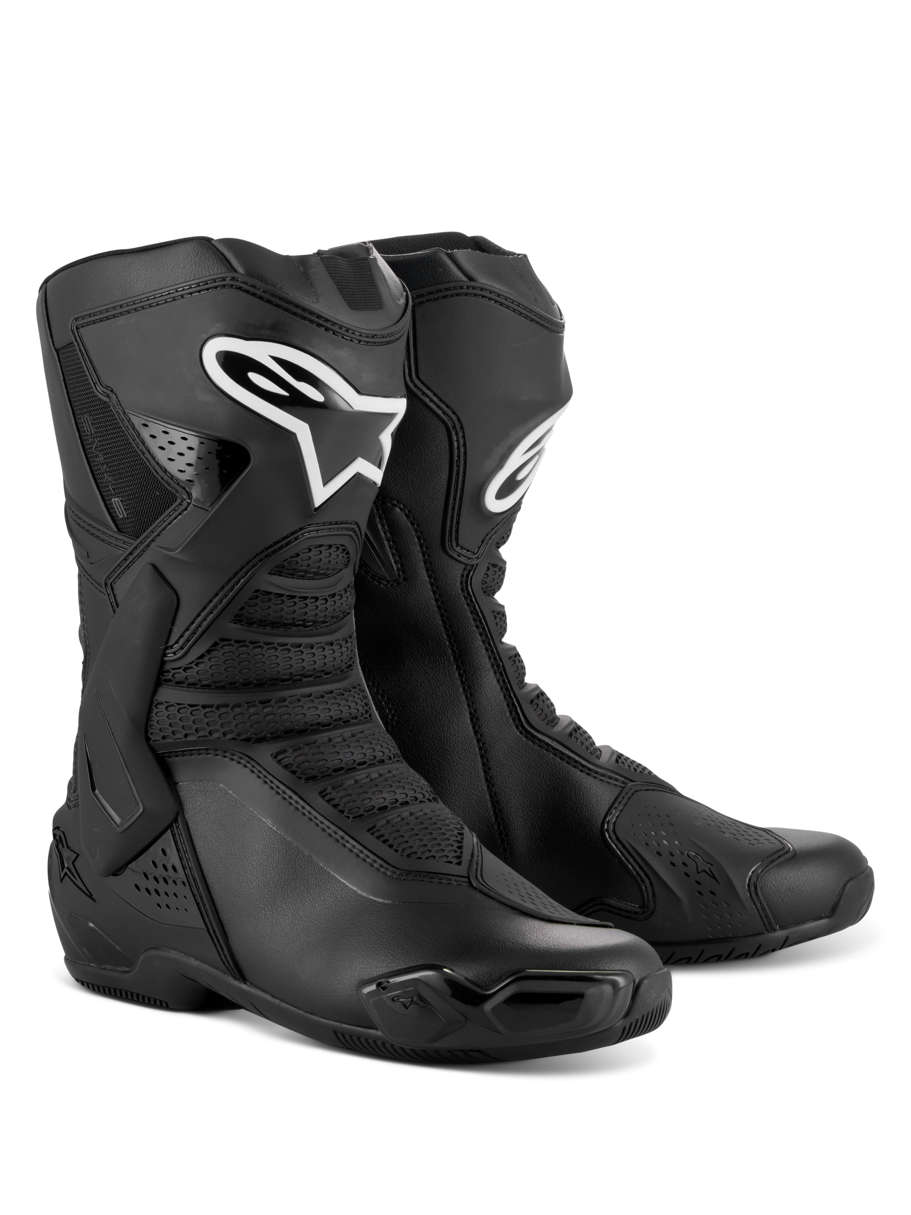 Stivali Alpinestars SMX-6 V3, stivali da moto ad alte prestazioni, nero, con protezione per stinco e caviglia in TPU, pannelli in mesh flessibile, design ergonomico per la guida sportiva e in pista, logo Alpinestars bianco sullo stinco