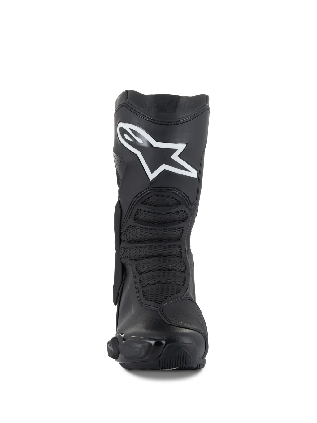 Stivali Alpinestars SMX-6 V3, nero, stivali da moto performanti, vista frontale con un prominente logo Astar bianco sullo stinco, zone di flessione anteriori testurizzate ed eleganti elementi protettivi in TPU