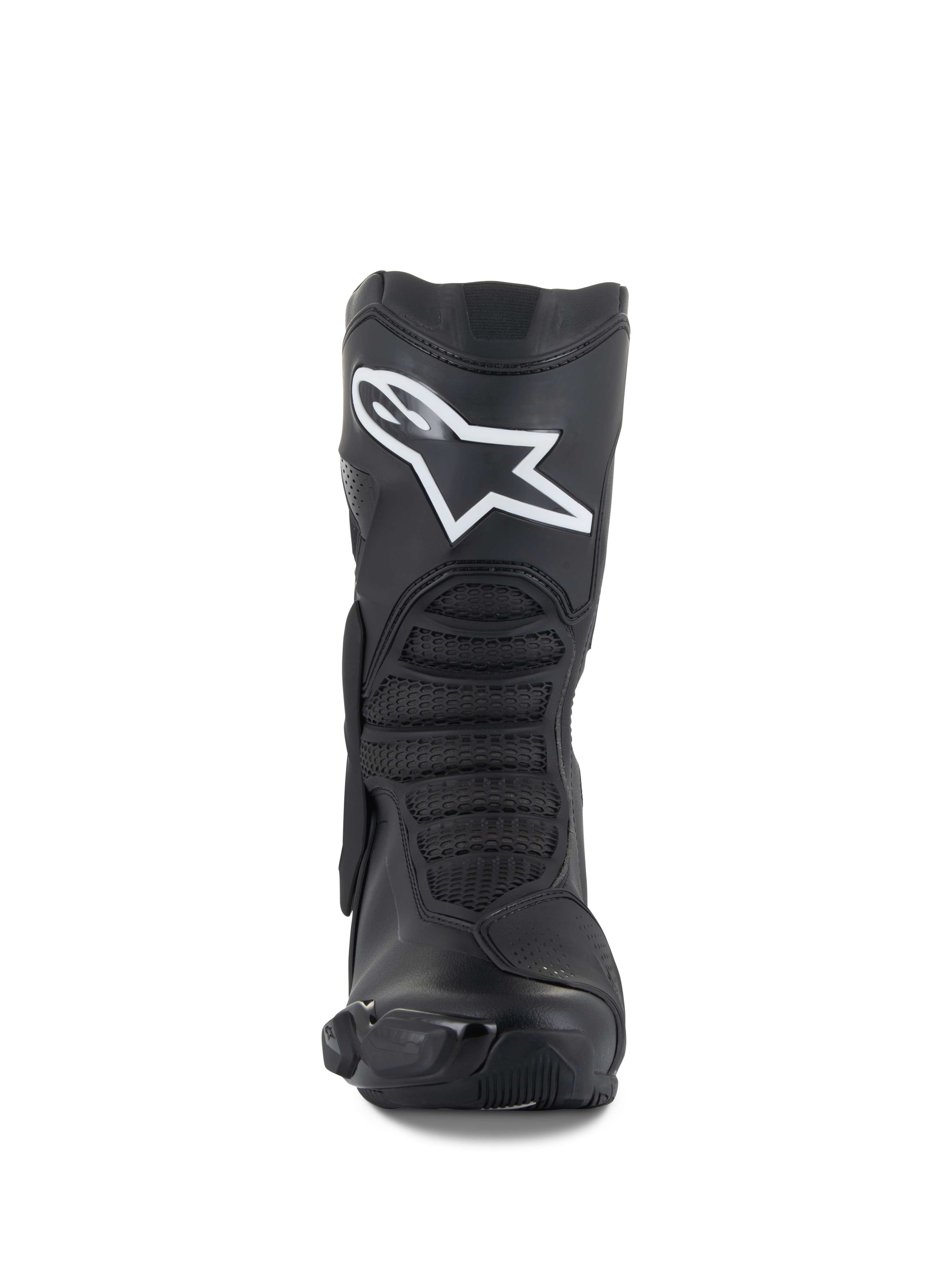 Stivali Alpinestars SMX-6 V3, nero, stivali da moto performanti, vista frontale con un prominente logo Astar bianco sullo stinco, zone di flessione anteriori testurizzate ed eleganti elementi protettivi in TPU
