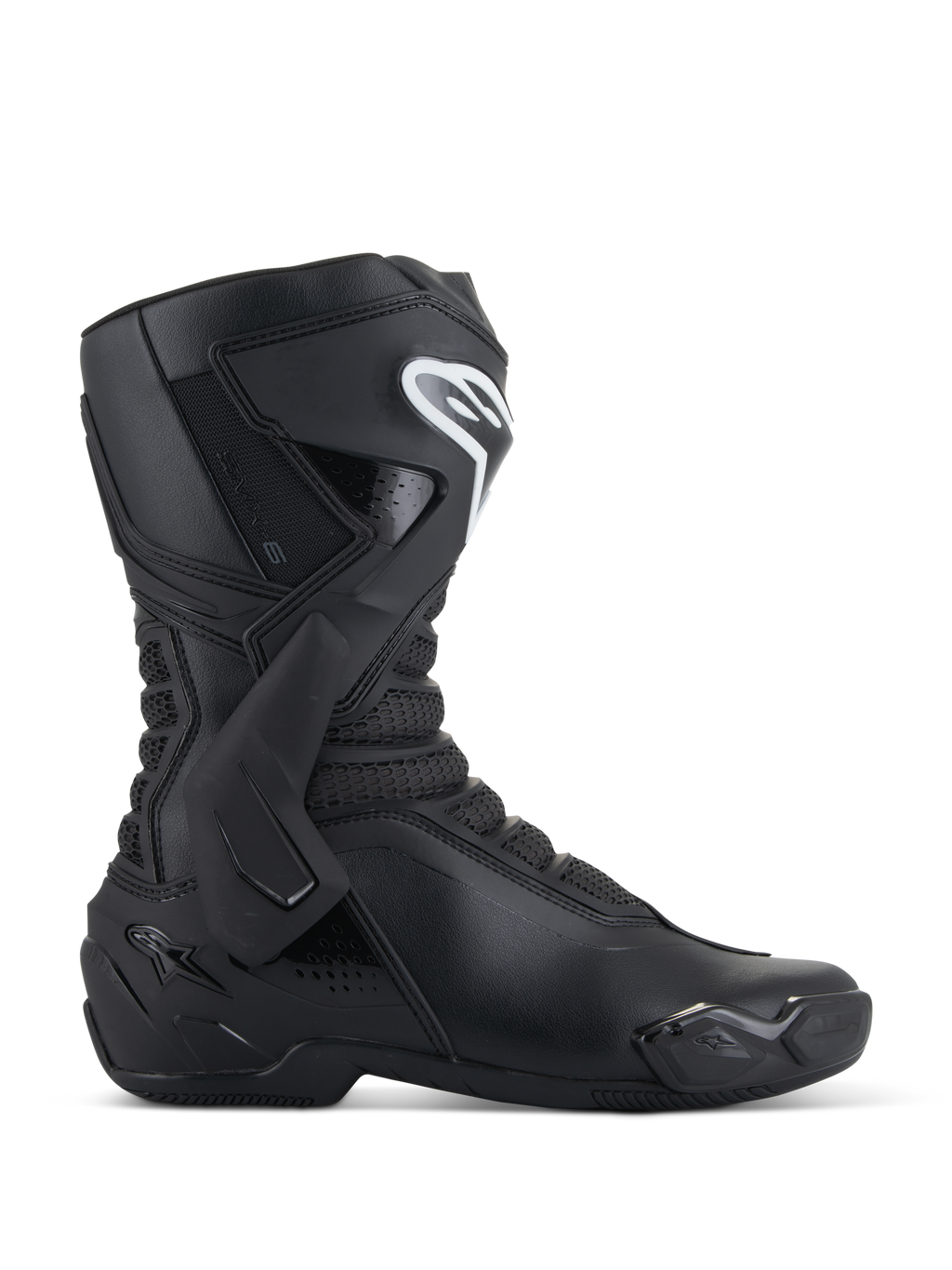Stivali Alpinestars SMX-6 V3, stivali da moto racing neri, vista laterale, tomaia in microfibra con rinforzo laterale della caviglia in TPU e protezione per lo stinco, logo Alpinestars bianco sullo stinco, slider punta sostituibile, calzature sportive ad alte prestazioni