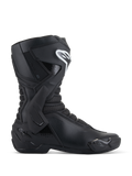 Stivali Alpinestars SMX-6 V3, stivali da moto racing neri, vista laterale, tomaia in microfibra con rinforzo laterale della caviglia in TPU e protezione per lo stinco, logo Alpinestars bianco sullo stinco, slider punta sostituibile, calzature sportive ad alte prestazioni
