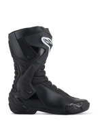 Stivali Alpinestars SMX-6 V3, stivali da moto racing neri, vista laterale, tomaia in microfibra con rinforzo laterale della caviglia in TPU e protezione per lo stinco, logo Alpinestars bianco sullo stinco, slider punta sostituibile, calzature sportive ad alte prestazioni
