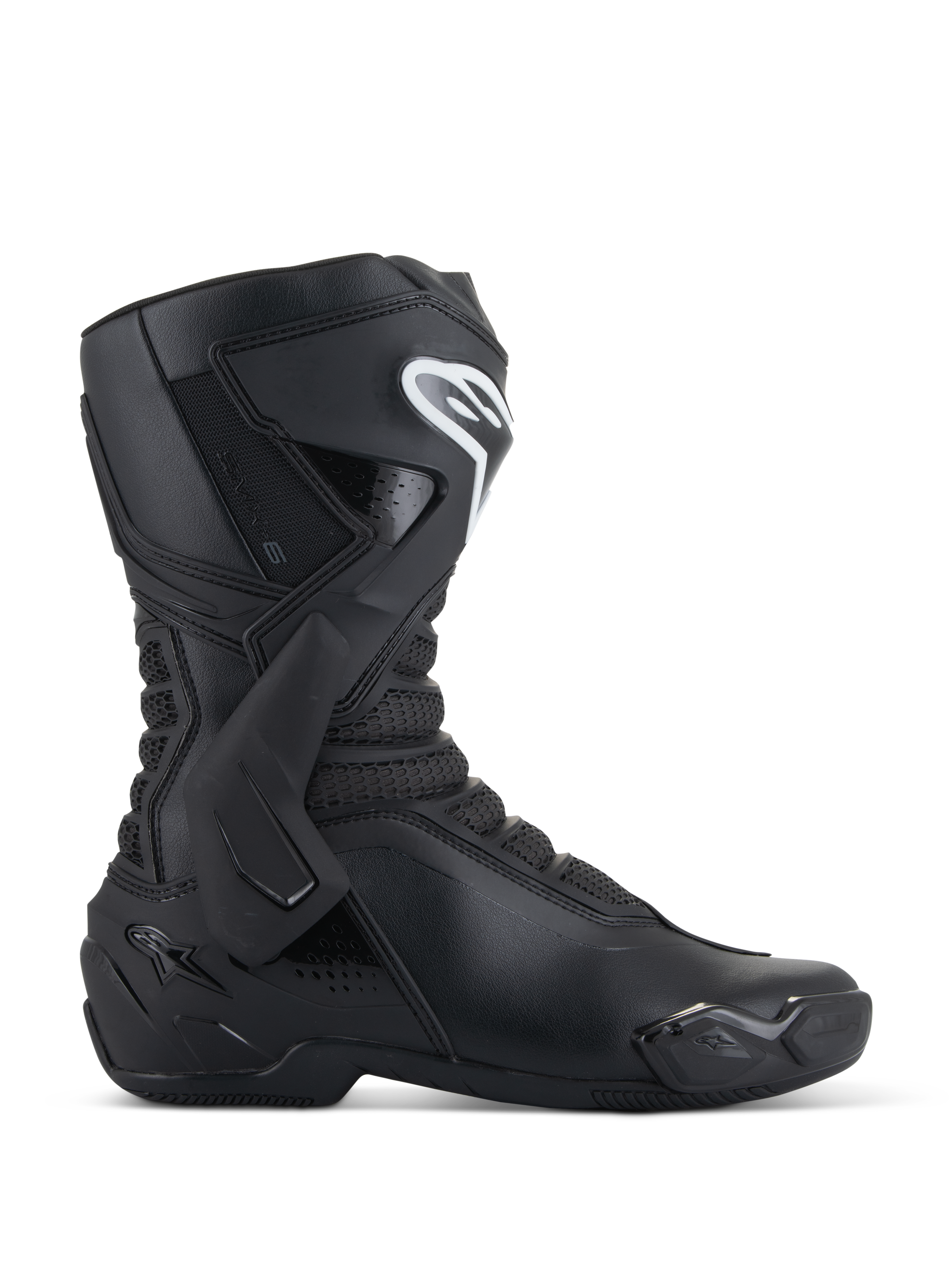 Stivali Alpinestars SMX-6 V3, stivali da moto racing neri, vista laterale, tomaia in microfibra con rinforzo laterale della caviglia in TPU e protezione per lo stinco, logo Alpinestars bianco sullo stinco, slider punta sostituibile, calzature sportive ad alte prestazioni