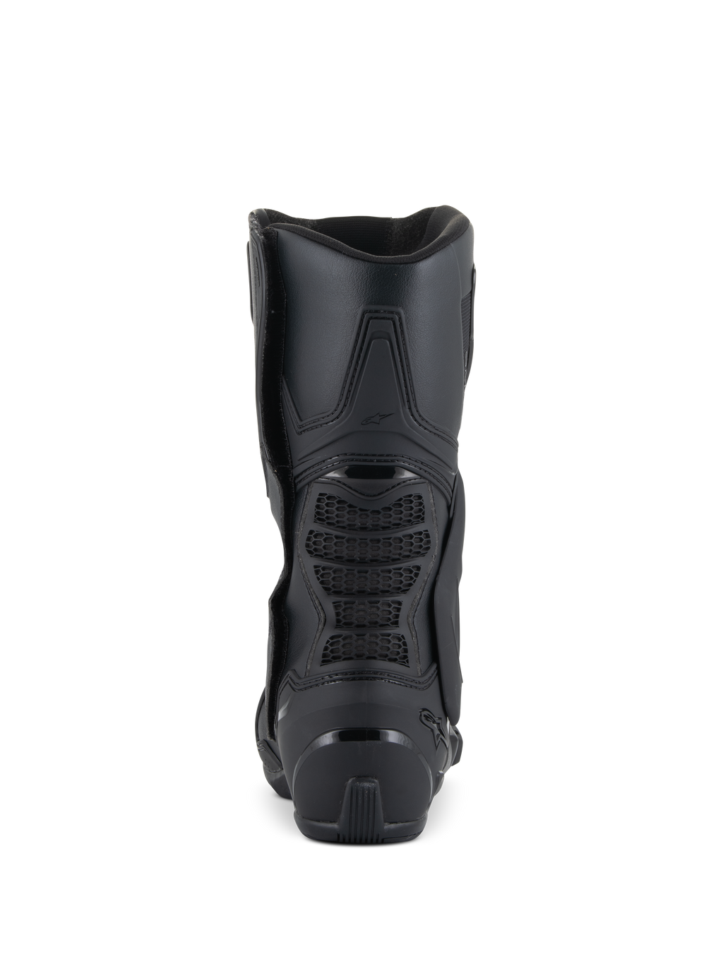 Stivali Alpinestars SMX-6 V3, stivali da moto performanti, nero, vista posteriore che mostra il tallone rinforzato, zona di flessione posteriore in rete 3D e design ergonomico per guida in pista e su strada