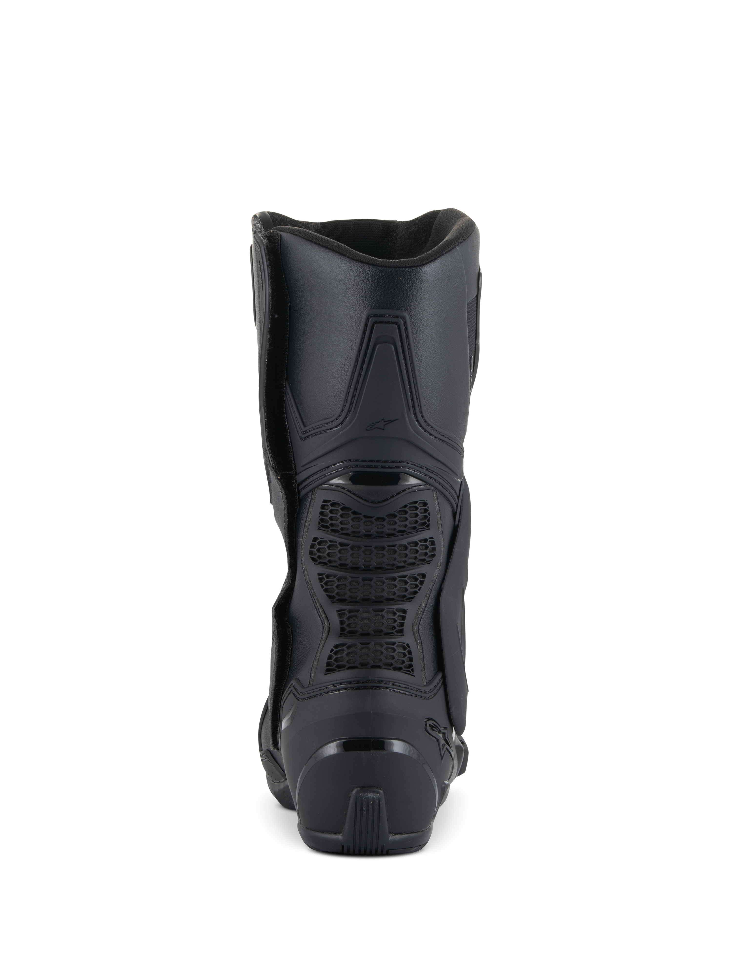 Stivali Alpinestars SMX-6 V3, stivali da moto performanti, nero, vista posteriore che mostra il tallone rinforzato, zona di flessione posteriore in rete 3D e design ergonomico per guida in pista e su strada