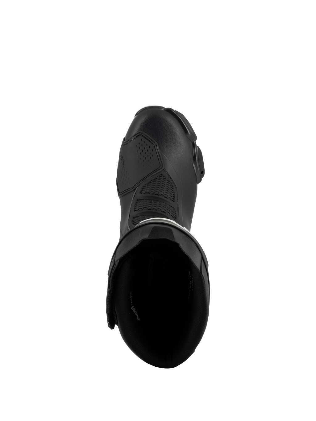 Stivali Alpinestars SMX-6 V3, Nero, vista dall'alto che mostra l'apertura interna e la costruzione della tomaia, calzature da moto ad alte prestazioni con materiali in microfibra e zone di flessione in rete