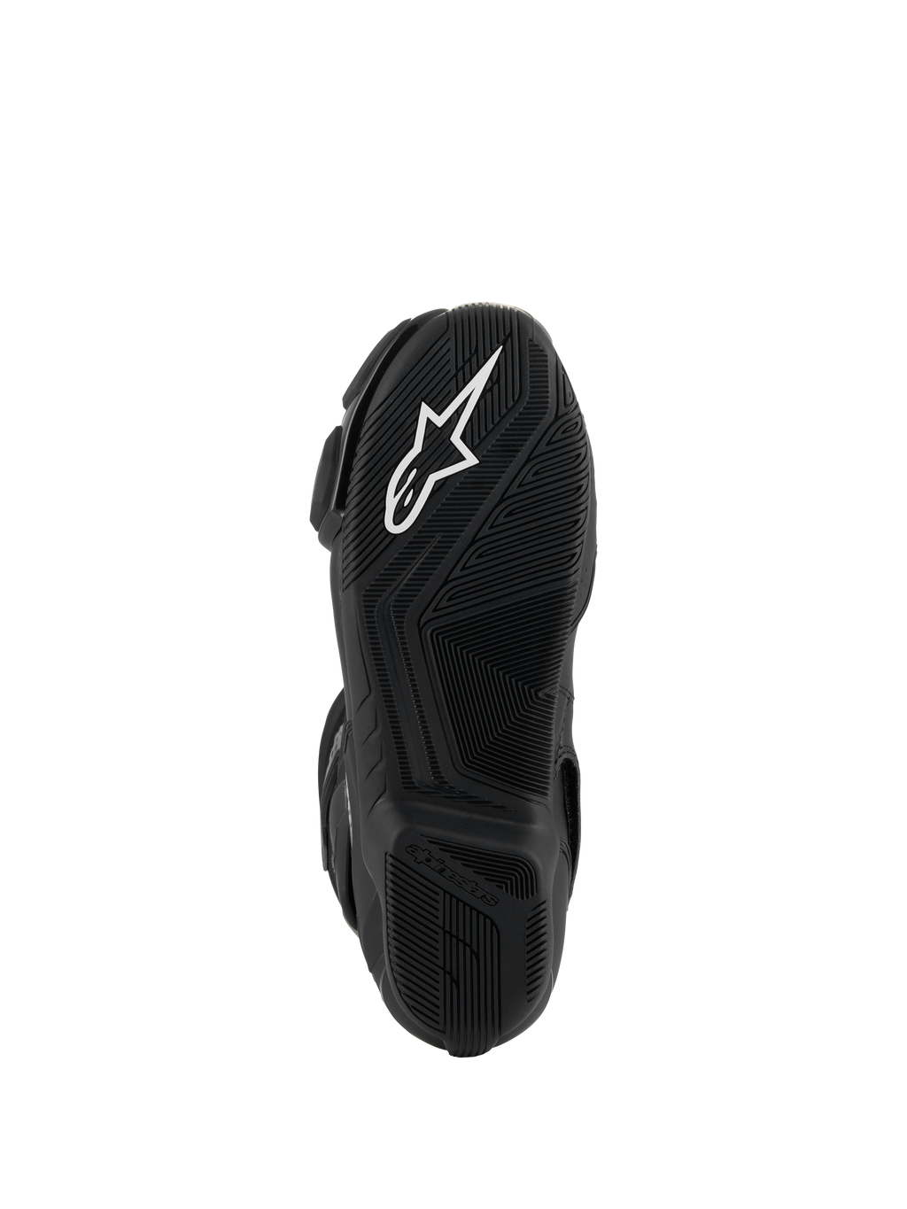 Stivali Alpinestars SMX-6 V3, nero, vista inferiore della suola in gomma leggera, con motivo grip testurizzato, logo Astar bianco e marchio Alpinestars in rilievo sul tallone.