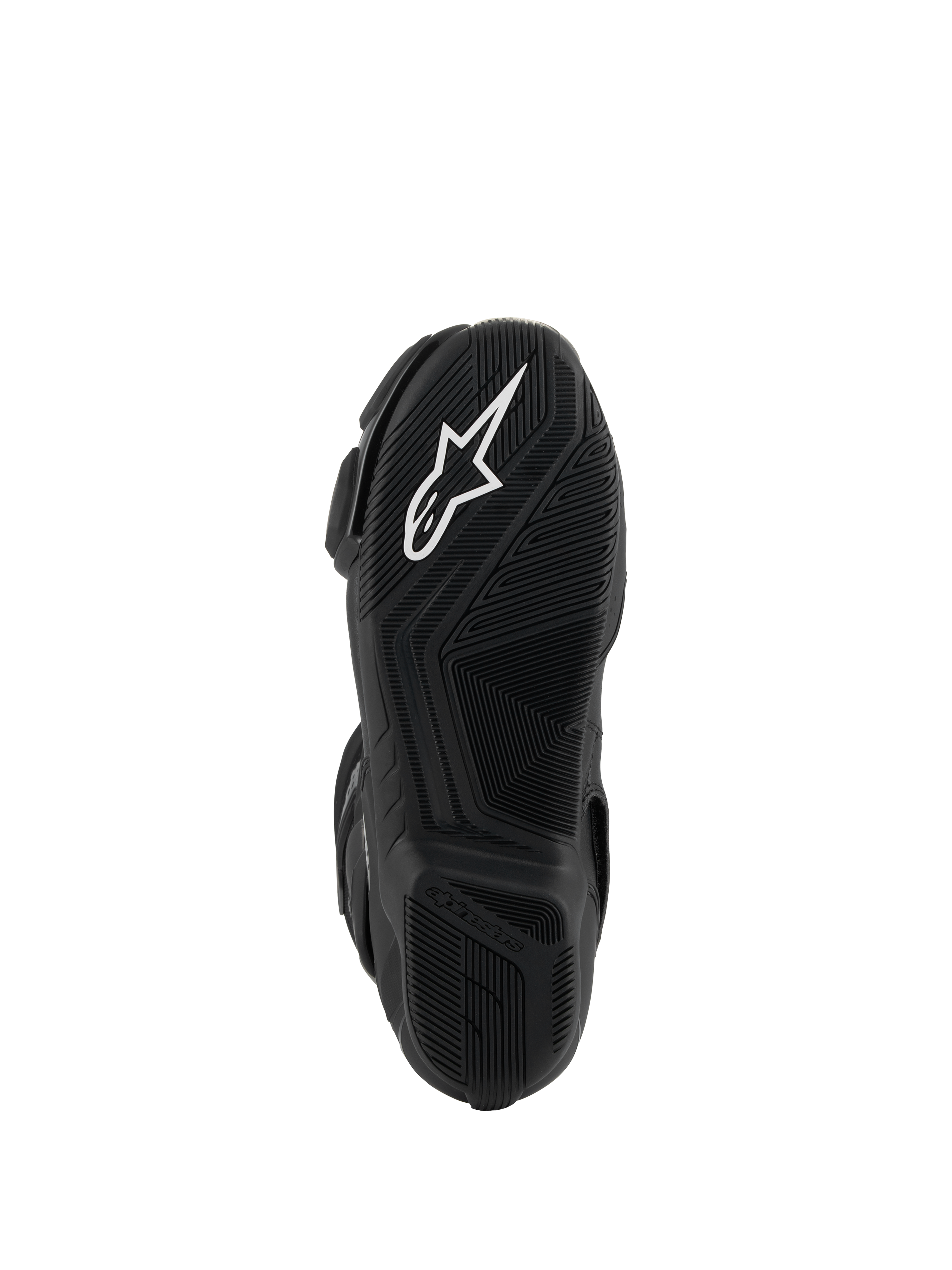 Stivali Alpinestars SMX-6 V3, nero, vista inferiore della suola in gomma leggera, con motivo grip testurizzato, logo Astar bianco e marchio Alpinestars in rilievo sul tallone.