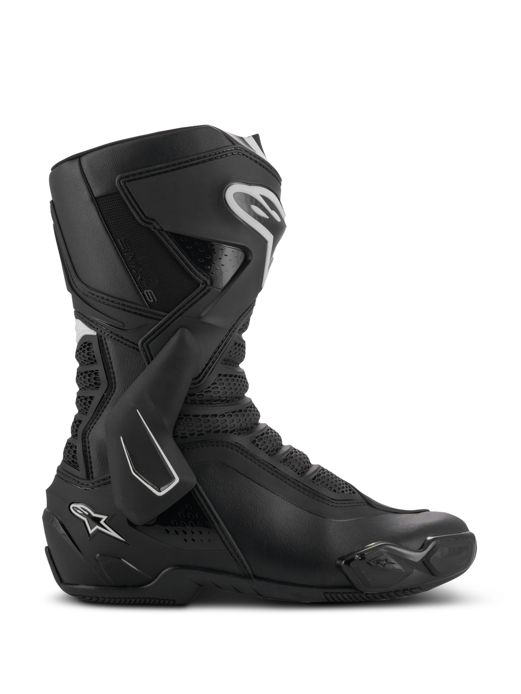Alpinestars SMX-6 V3, stivali da moto performanti, nero con dettagli bianchi, vista laterale con sistema di supporto della caviglia in TPU, zone di flessione in mesh testurizzato e componenti rinforzati su tallone e punta per prestazioni in pista e su strada.