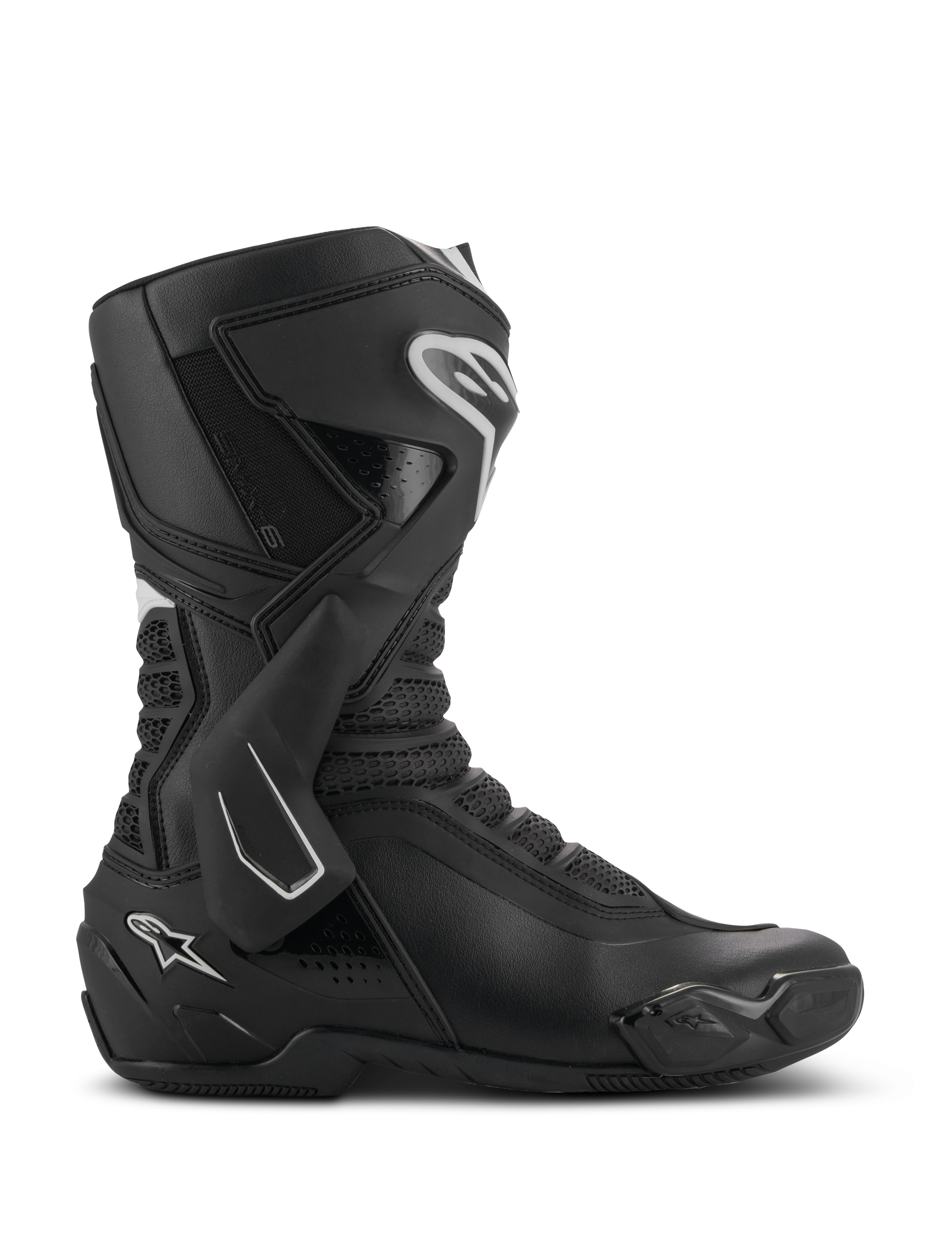 Alpinestars SMX-6 V3, stivali da moto performanti, nero con dettagli bianchi, vista laterale con sistema di supporto della caviglia in TPU, zone di flessione in mesh testurizzato e componenti rinforzati su tallone e punta per prestazioni in pista e su strada.