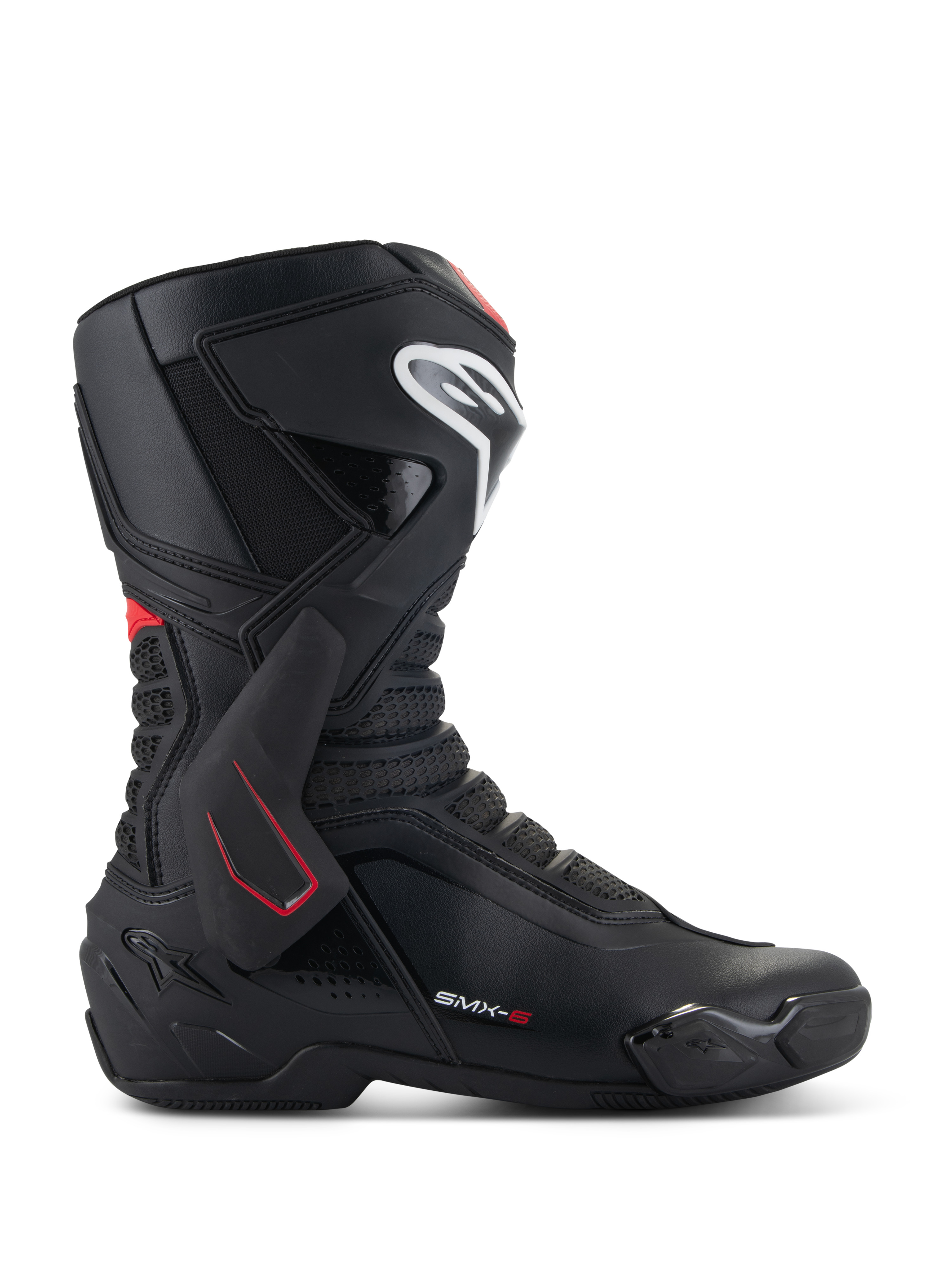 Stivali Alpinestars SMX-6 V3, stivali da moto racing, nero con dettagli bianchi e rossi, vista laterale con protezione caviglia in TPU, logo bianco sullo stinco e zone di flessione in mesh, design sportivo aerodinamico