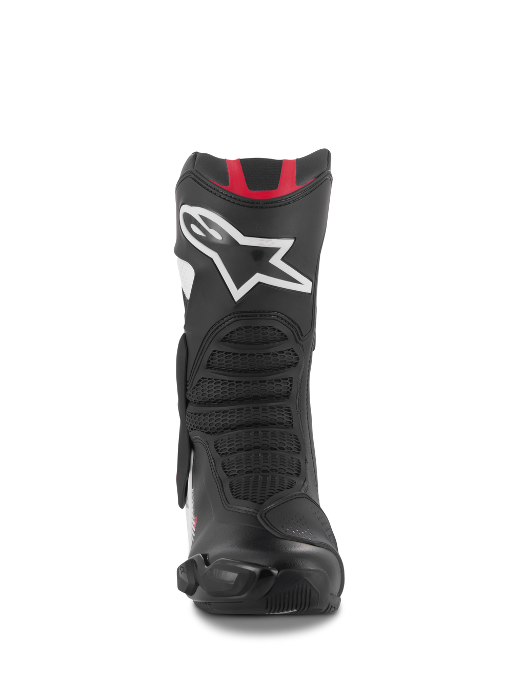Stivali Alpinestars SMX-6 V3, stivali da moto performanti, grafica nero bianco rosso, vista frontale con grande logo Astar bianco sullo stinco, accenti rossi sulla parte superiore e zone di flessione a rete per guida in pista e su strada