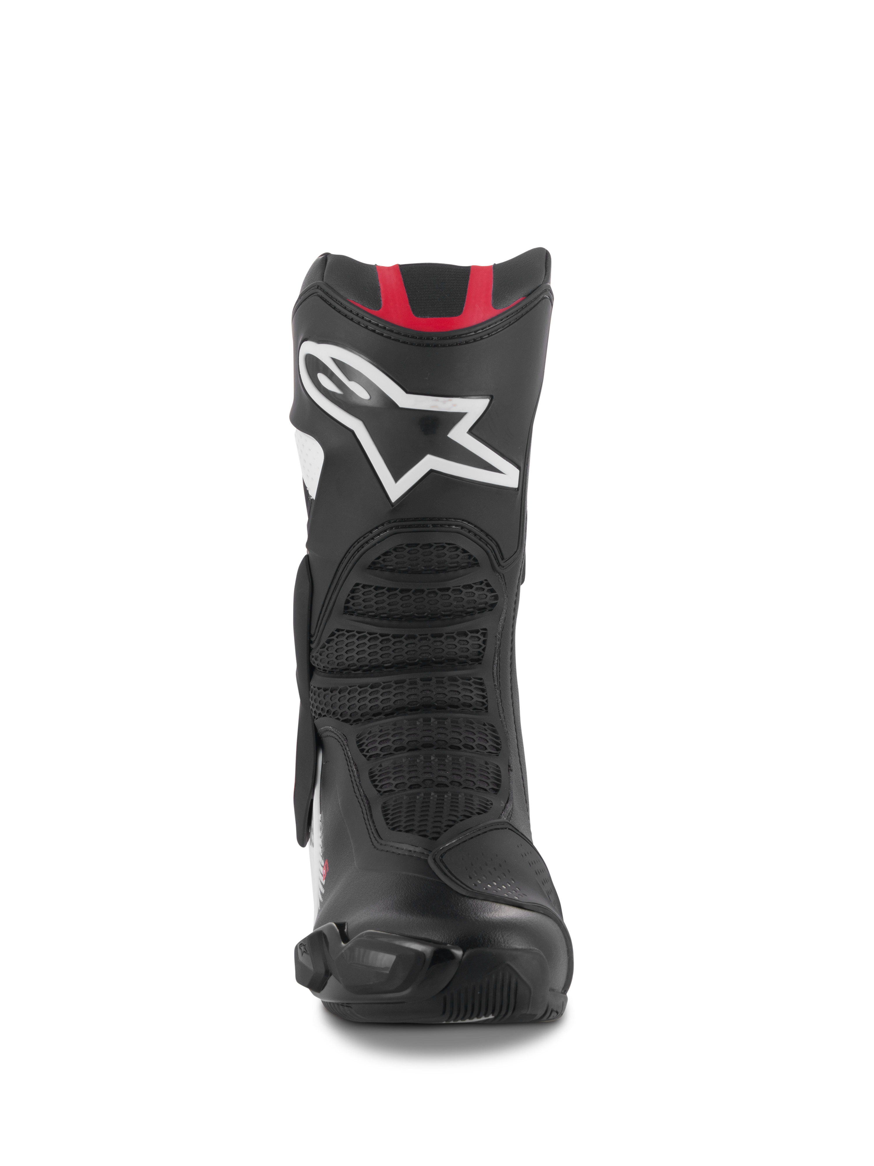 Stivali Alpinestars SMX-6 V3, stivali da moto performanti, grafica nero bianco rosso, vista frontale con grande logo Astar bianco sullo stinco, accenti rossi sulla parte superiore e zone di flessione a rete per guida in pista e su strada