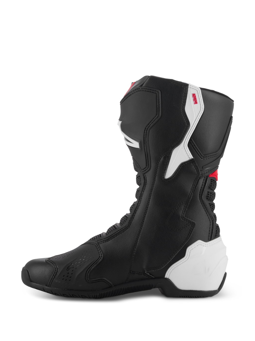 Stivali Alpinestars SMX-6 V3, stivali da moto performanti, grafica nero bianco rosso, vista laterale mediale, costruzione in microfibra nera con pannelli protettivi in TPU bianco su tallone e polpaccio, accenti rossi e zone a fisarmonica flessibili per una maggiore mobilità e protezione.