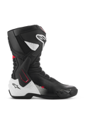 Stivali Alpinestars SMX-6 V3, stivali da moto sportivi, nero, bianco e rosso, profilo laterale con supporto laterale alla caviglia in TPU, protezione rinforzata per stinco e tallone, zone di flessione in mesh traforato e slider sostituibili sulla punta per la guida su pista e strada