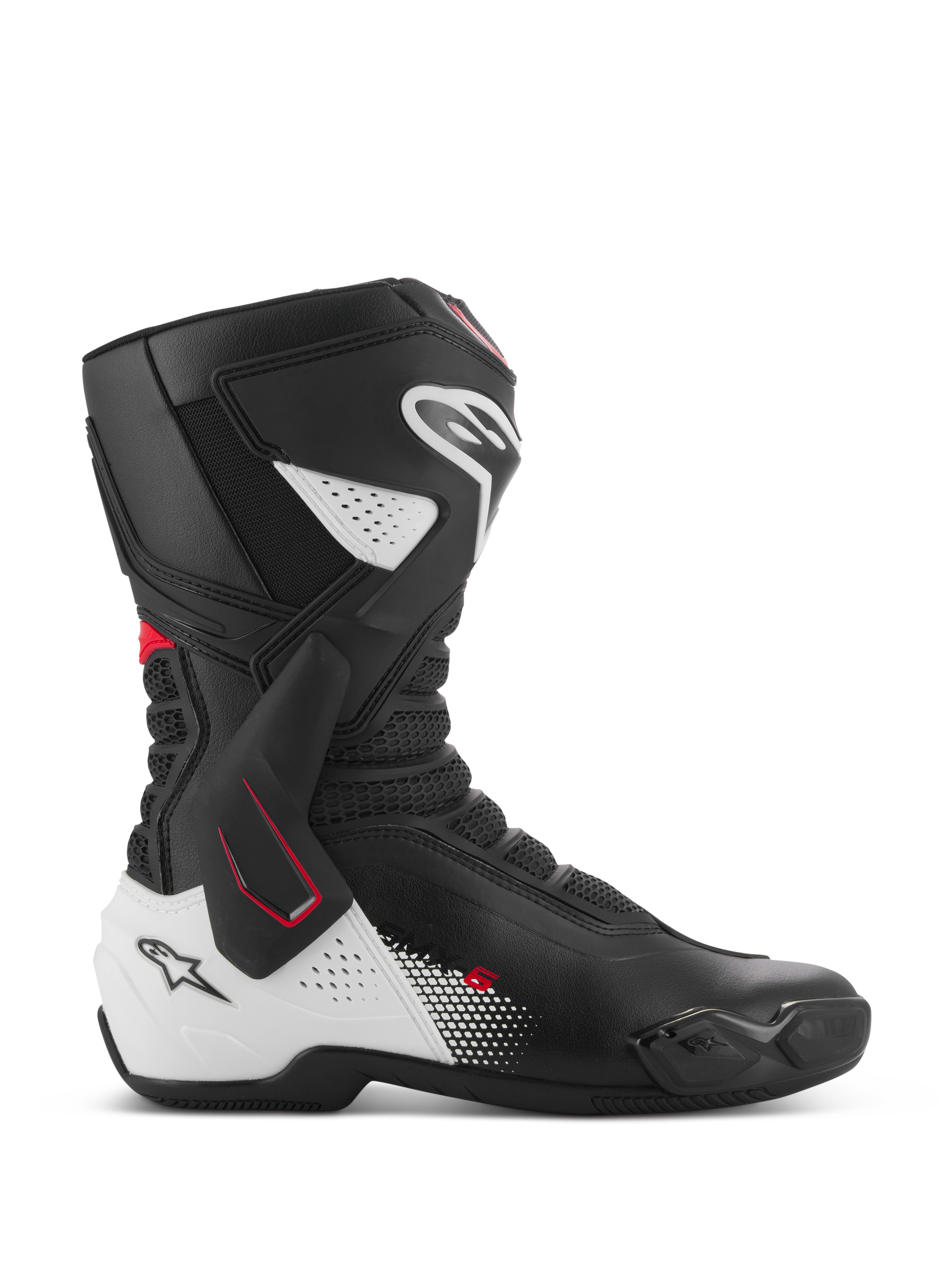 Stivali Alpinestars SMX-6 V3, stivali da moto sportivi, nero, bianco e rosso, profilo laterale con supporto laterale alla caviglia in TPU, protezione rinforzata per stinco e tallone, zone di flessione in mesh traforato e slider sostituibili sulla punta per la guida su pista e strada
