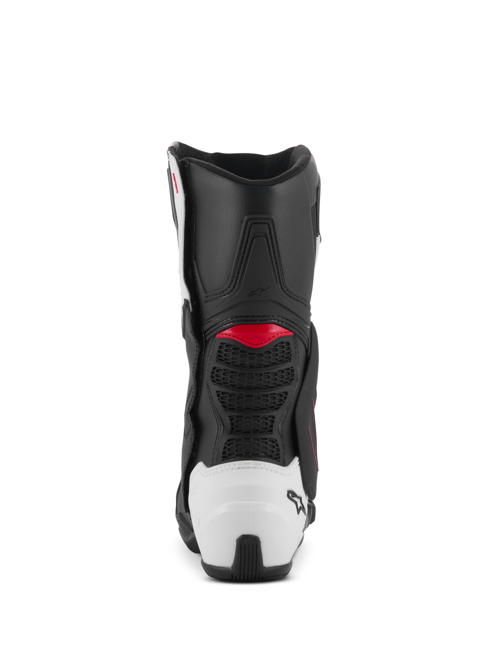 Stivali Alpinestars SMX-6 V3, stivali da moto performanti, grafica nero, bianco e rosso, vista posteriore con tallone in TPU bianco e accenti rossi, progettati per prestazioni in pista e su strada