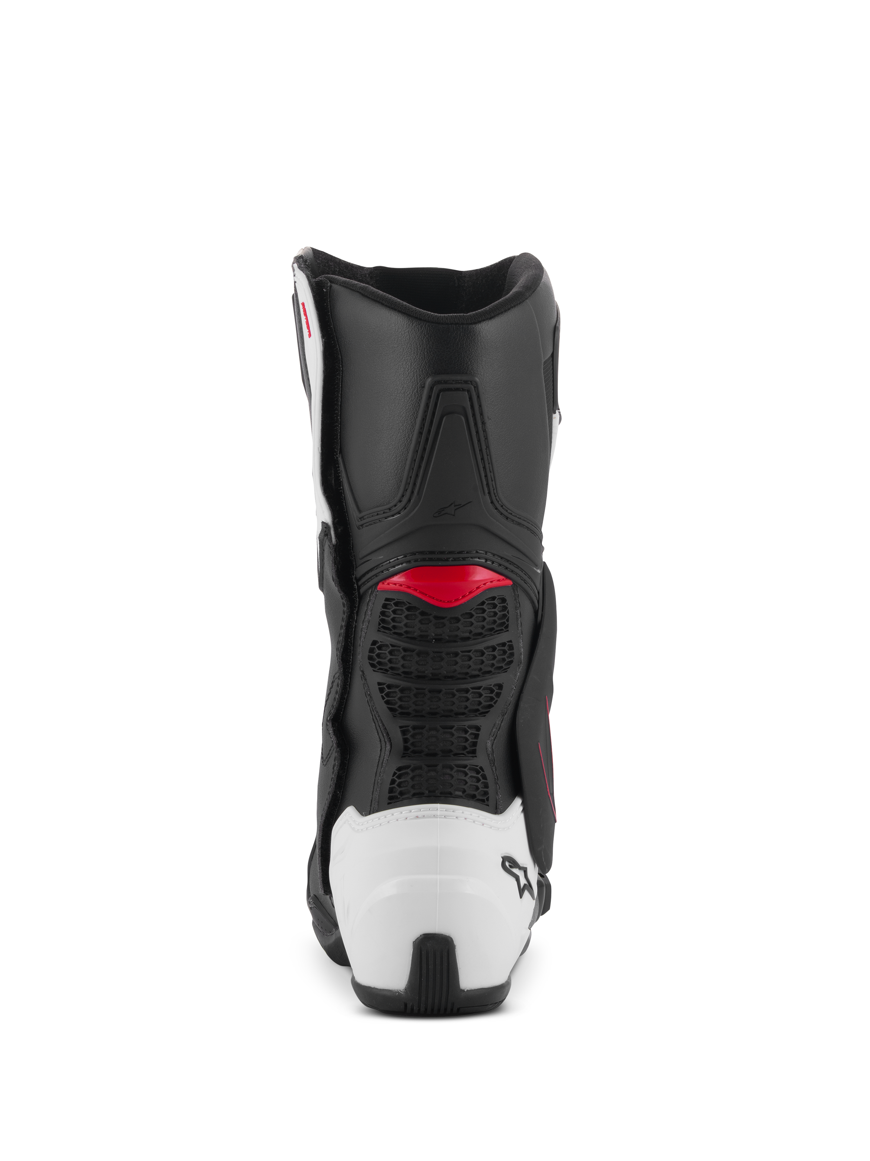 Stivali Alpinestars SMX-6 V3, stivali da moto performanti, grafica nero, bianco e rosso, vista posteriore con tallone in TPU bianco e accenti rossi, progettati per prestazioni in pista e su strada