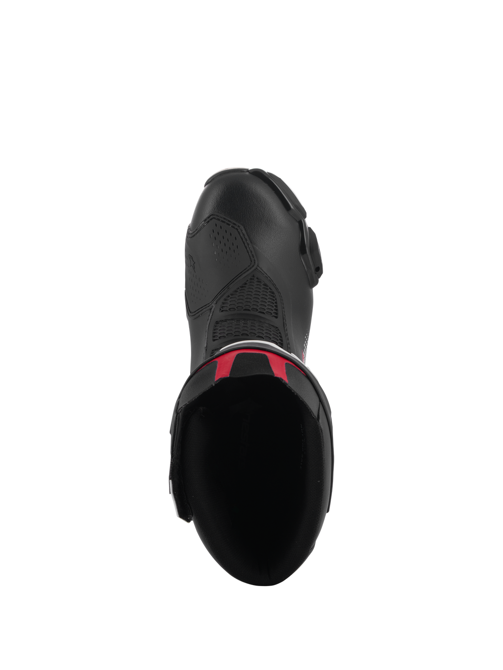 Stivali Alpinestars SMX-6 V3, stivali da moto performanti, nero con accenti rossi, vista dall'alto che mostra l'apertura interna e la tomaia in microfibra, design ergonomico per corse motociclistiche