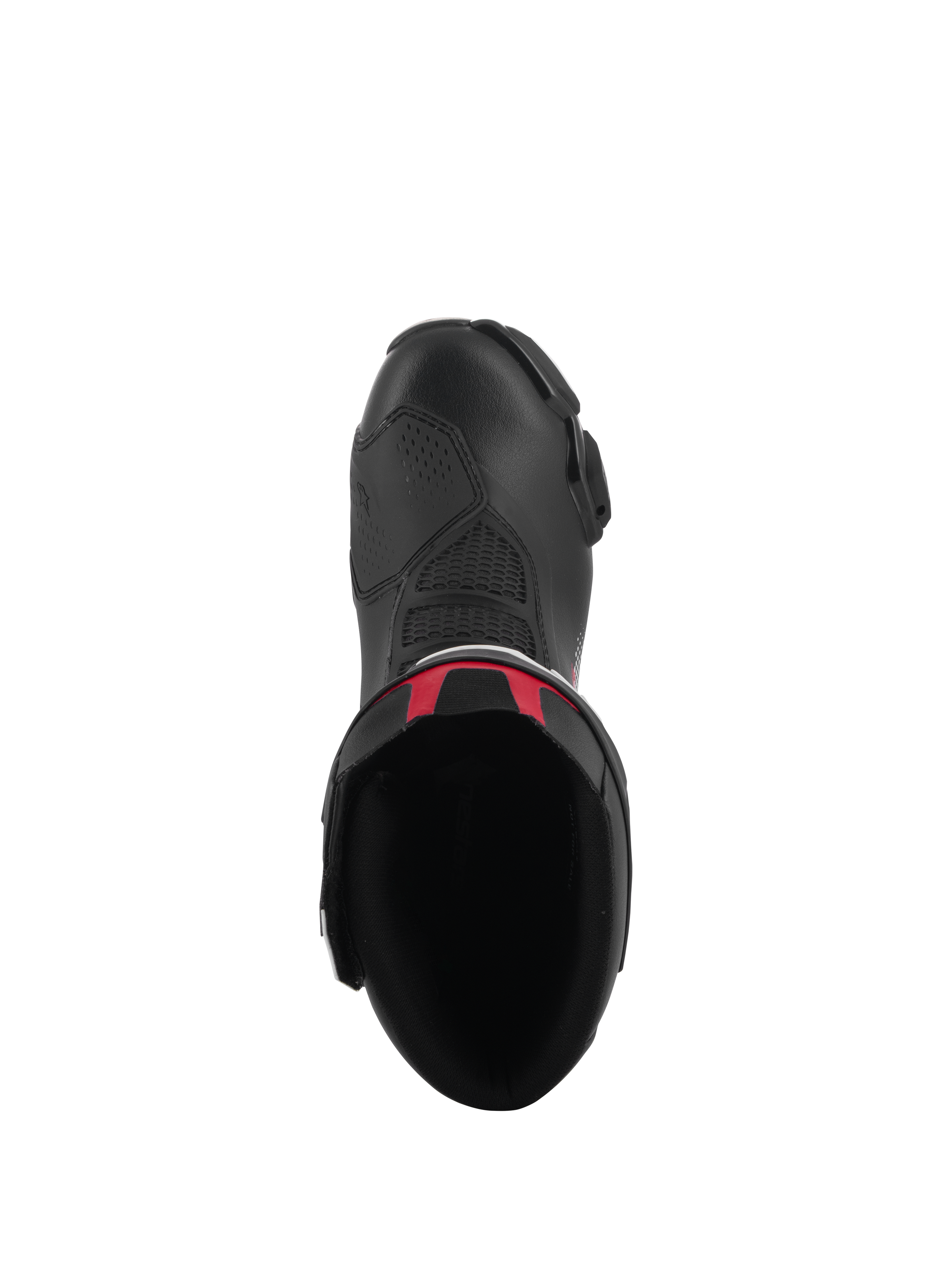 Stivali Alpinestars SMX-6 V3, stivali da moto performanti, nero con accenti rossi, vista dall'alto che mostra l'apertura interna e la tomaia in microfibra, design ergonomico per corse motociclistiche