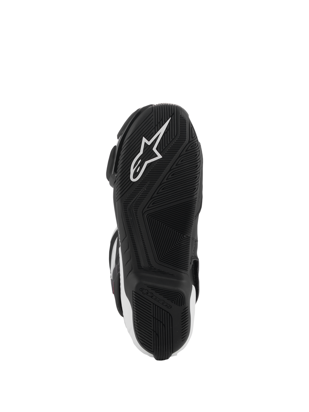 Stivali Alpinestars SMX-6 V3, vista inferiore della suola, gomma nera con motivo grip testurizzato, logo a stella Alpinestars bianco, calzature da moto ad alte prestazioni