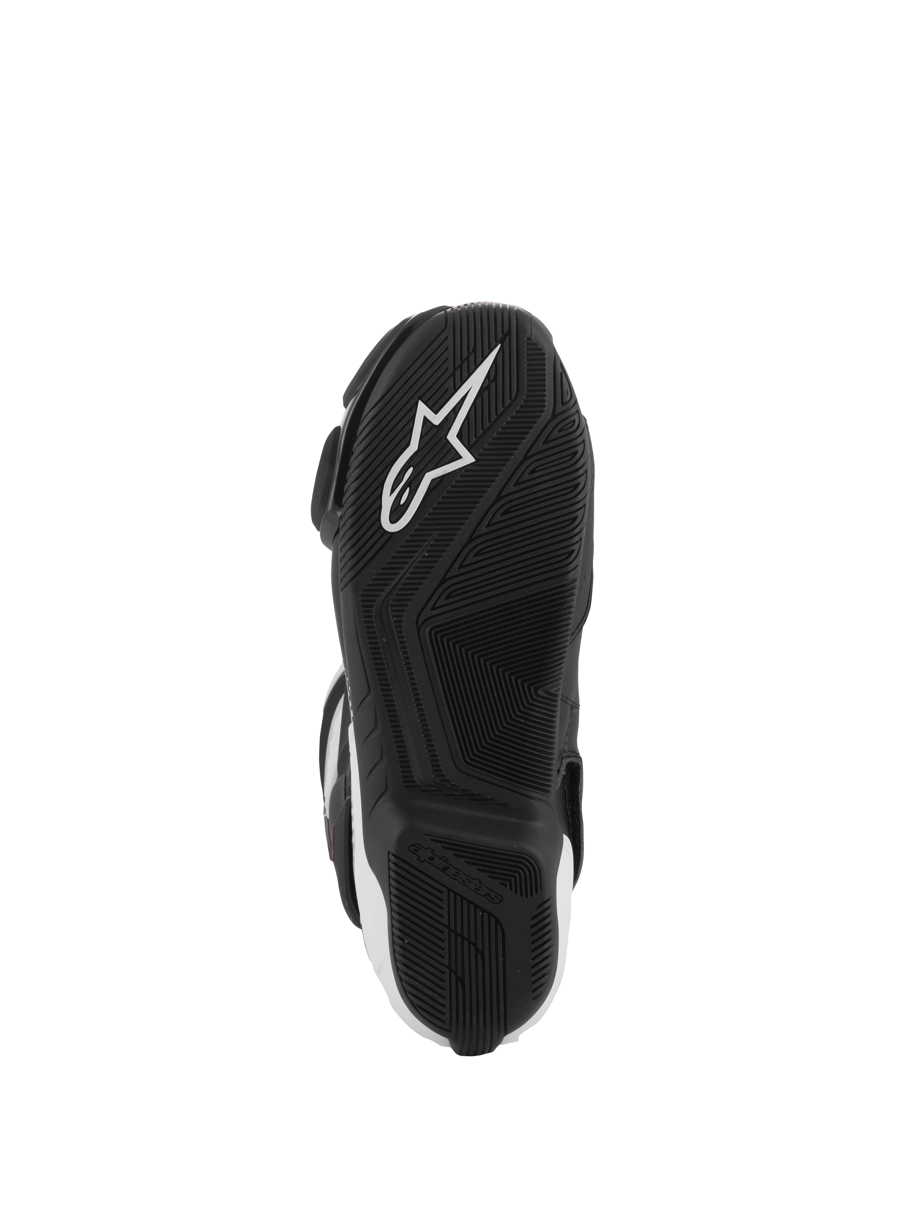 Stivali Alpinestars SMX-6 V3, vista inferiore della suola, gomma nera con motivo grip testurizzato, logo a stella Alpinestars bianco, calzature da moto ad alte prestazioni