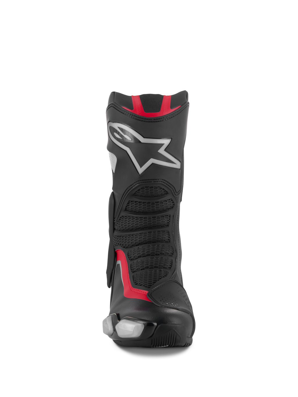 Stivali Alpinestars SMX-6 V3, stivali da moto racing e sportivi, nero, argento e rosso, vista frontale con parastinchi in TPU e logo a stella argento, pannelli flessibili in mesh e struttura in microfibra performante