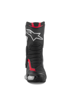 Stivali Alpinestars SMX-6 V3, stivali da moto racing e sportivi, nero, argento e rosso, vista frontale con parastinchi in TPU e logo a stella argento, pannelli flessibili in mesh e struttura in microfibra performante