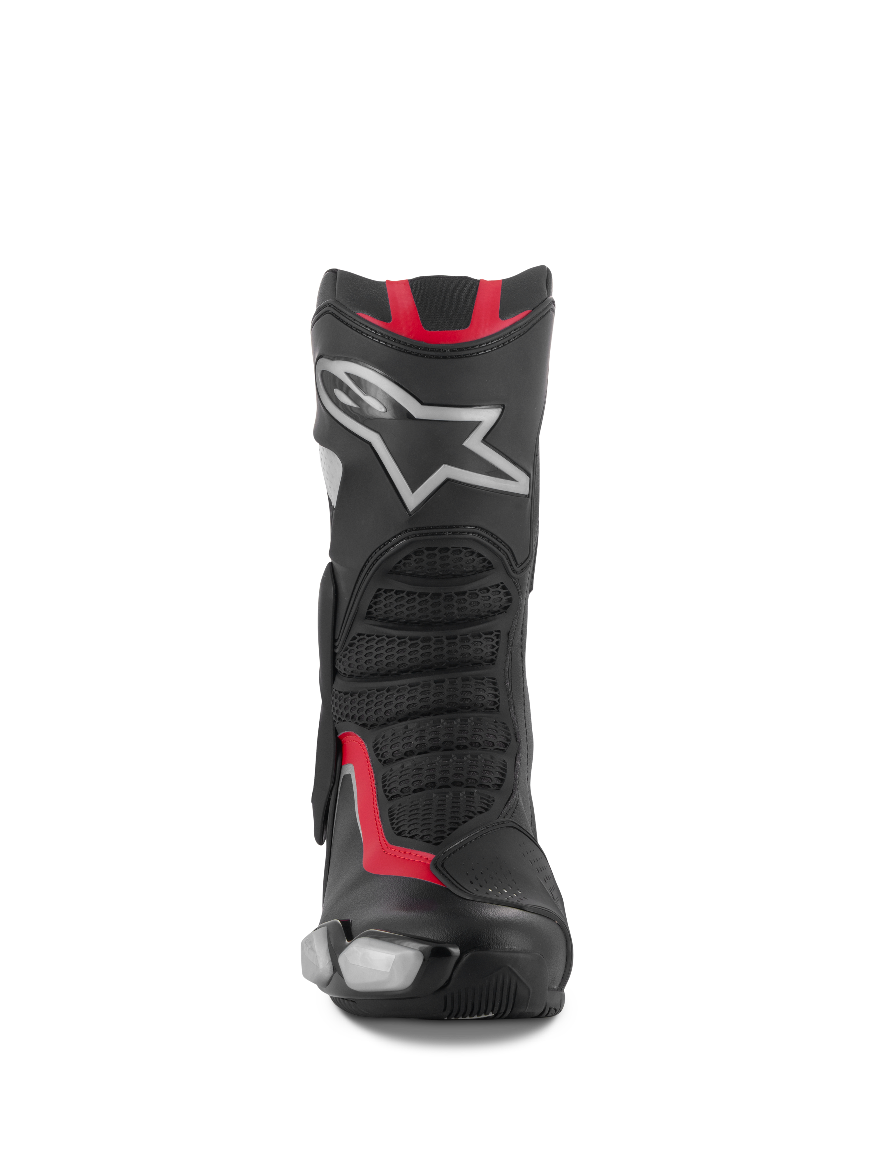 Stivali Alpinestars SMX-6 V3, stivali da moto racing e sportivi, nero, argento e rosso, vista frontale con parastinchi in TPU e logo a stella argento, pannelli flessibili in mesh e struttura in microfibra performante