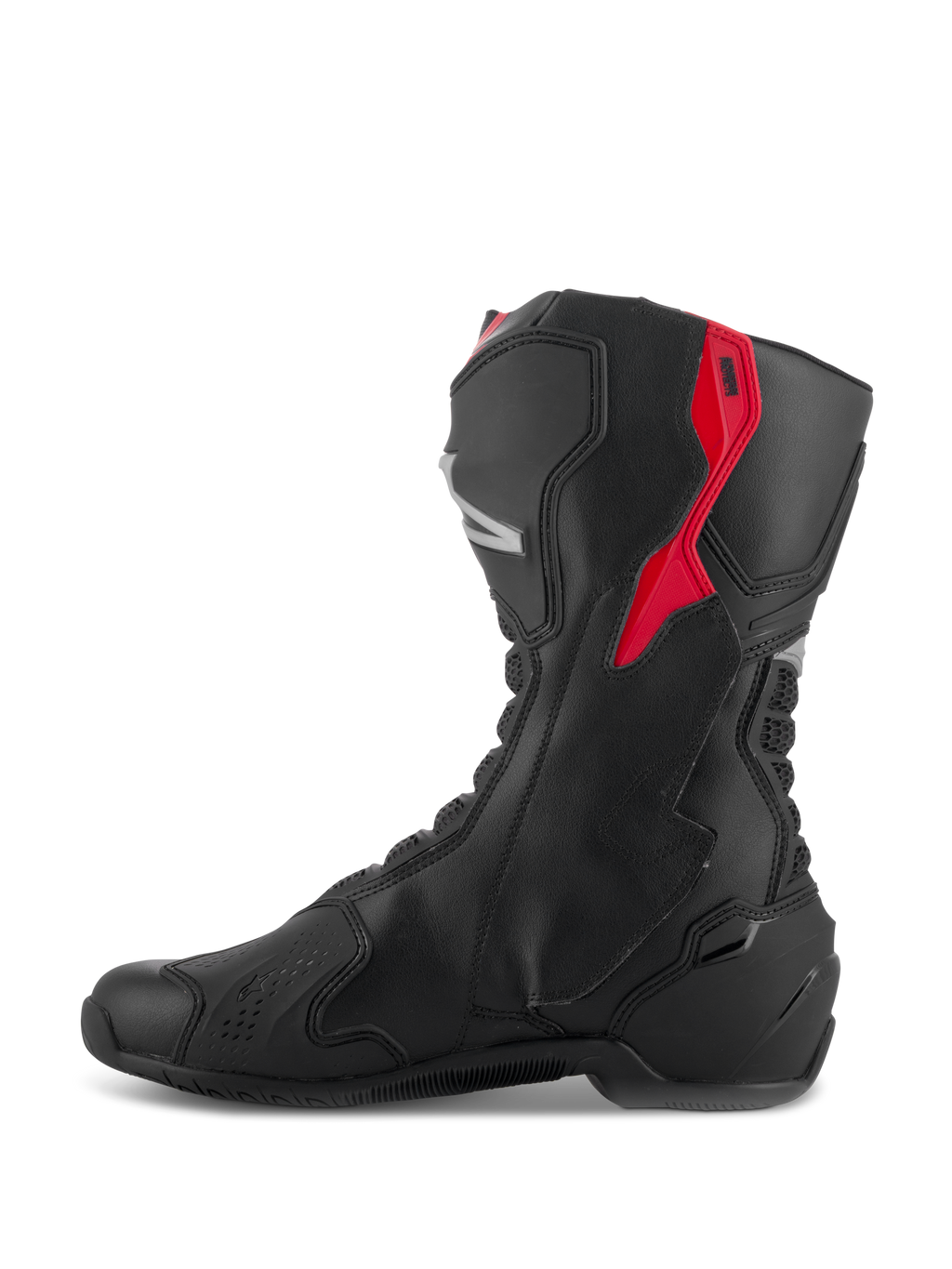 Stivali Alpinestars SMX-6 V3, stivali da moto performanti, nero con accenti rossi e argento, vista laterale che mostra la costruzione in microfibra e i pannelli protettivi in TPU, design di derivazione racing per prestazioni in pista e su strada