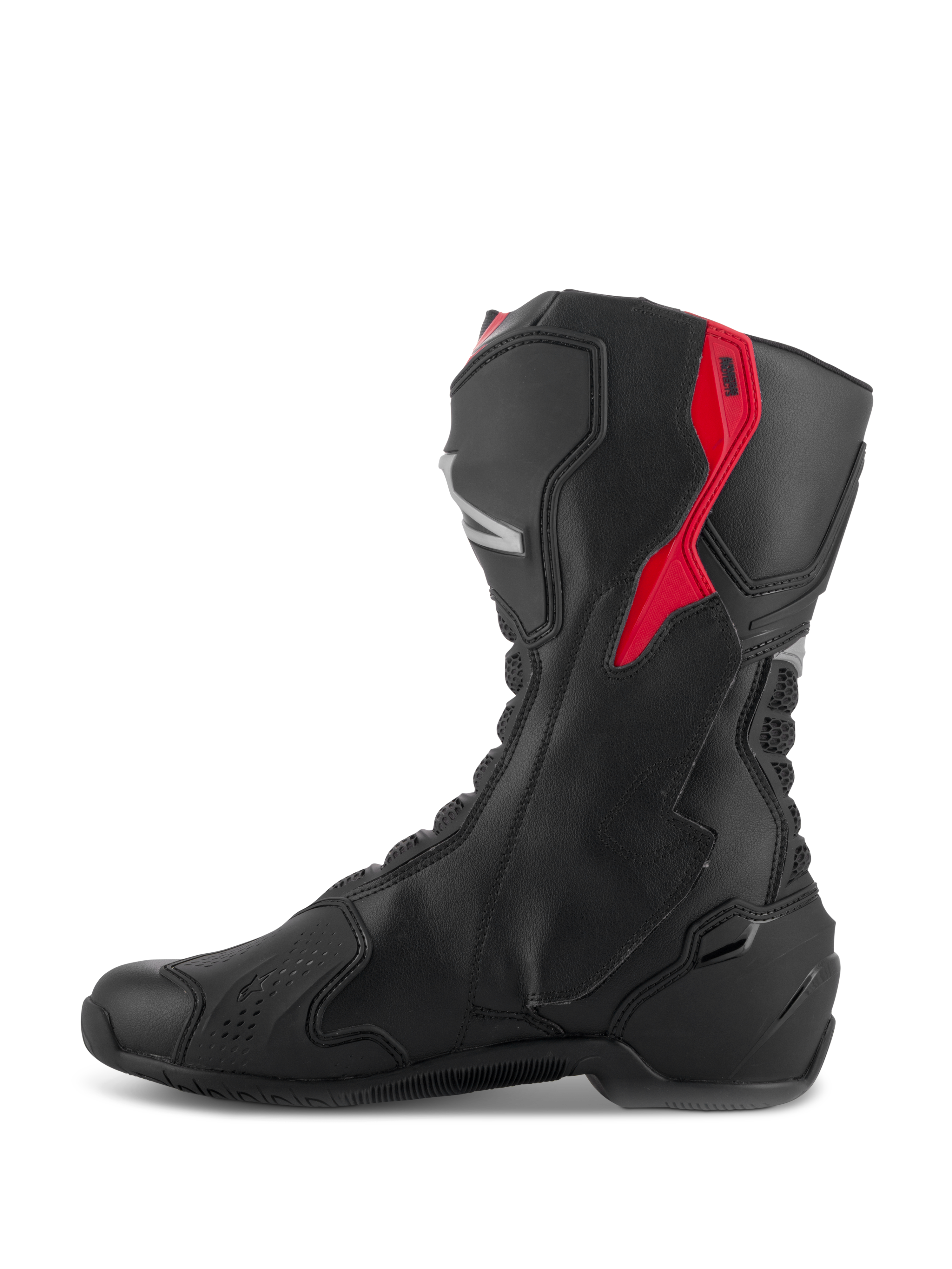 Stivali Alpinestars SMX-6 V3, stivali da moto performanti, nero con accenti rossi e argento, vista laterale che mostra la costruzione in microfibra e i pannelli protettivi in TPU, design di derivazione racing per prestazioni in pista e su strada