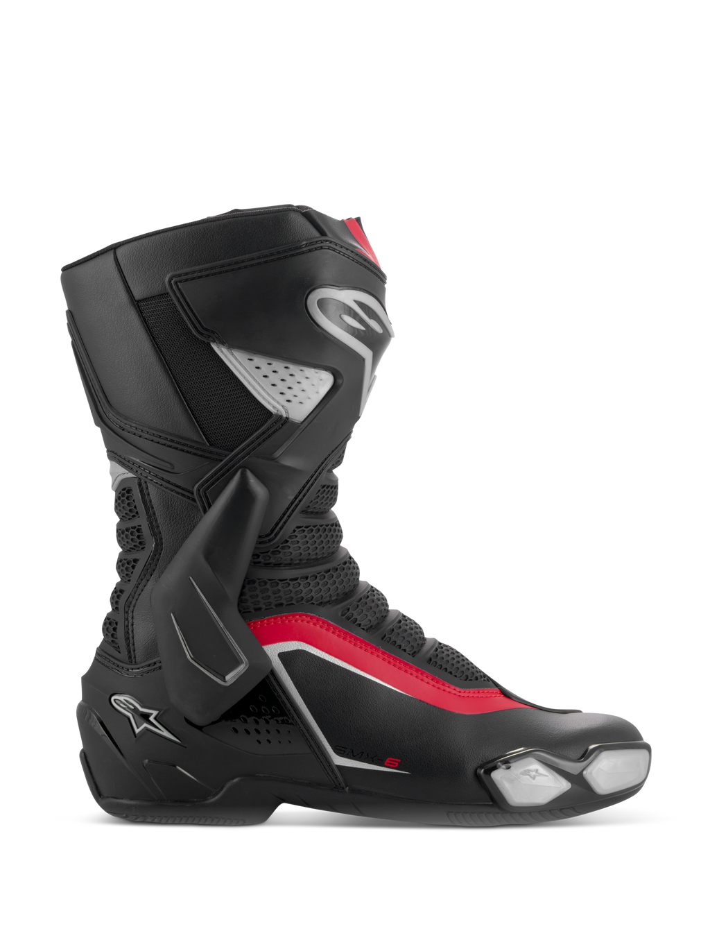 Alpinestars SMX-6 V3, stivali da moto racing, nero, argento e rosso, vista laterale con supporto biomeccanico in TPU, slider punta sostituibile e zone di flessione in rete per pista e strada.