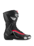 Alpinestars SMX-6 V3, stivali da moto racing, nero, argento e rosso, vista laterale con supporto biomeccanico in TPU, slider punta sostituibile e zone di flessione in rete per pista e strada.