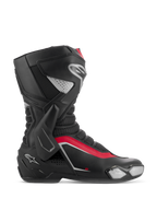 Alpinestars SMX-6 V3, stivali da moto racing, nero, argento e rosso, vista laterale con supporto biomeccanico in TPU, slider punta sostituibile e zone di flessione in rete per pista e strada.