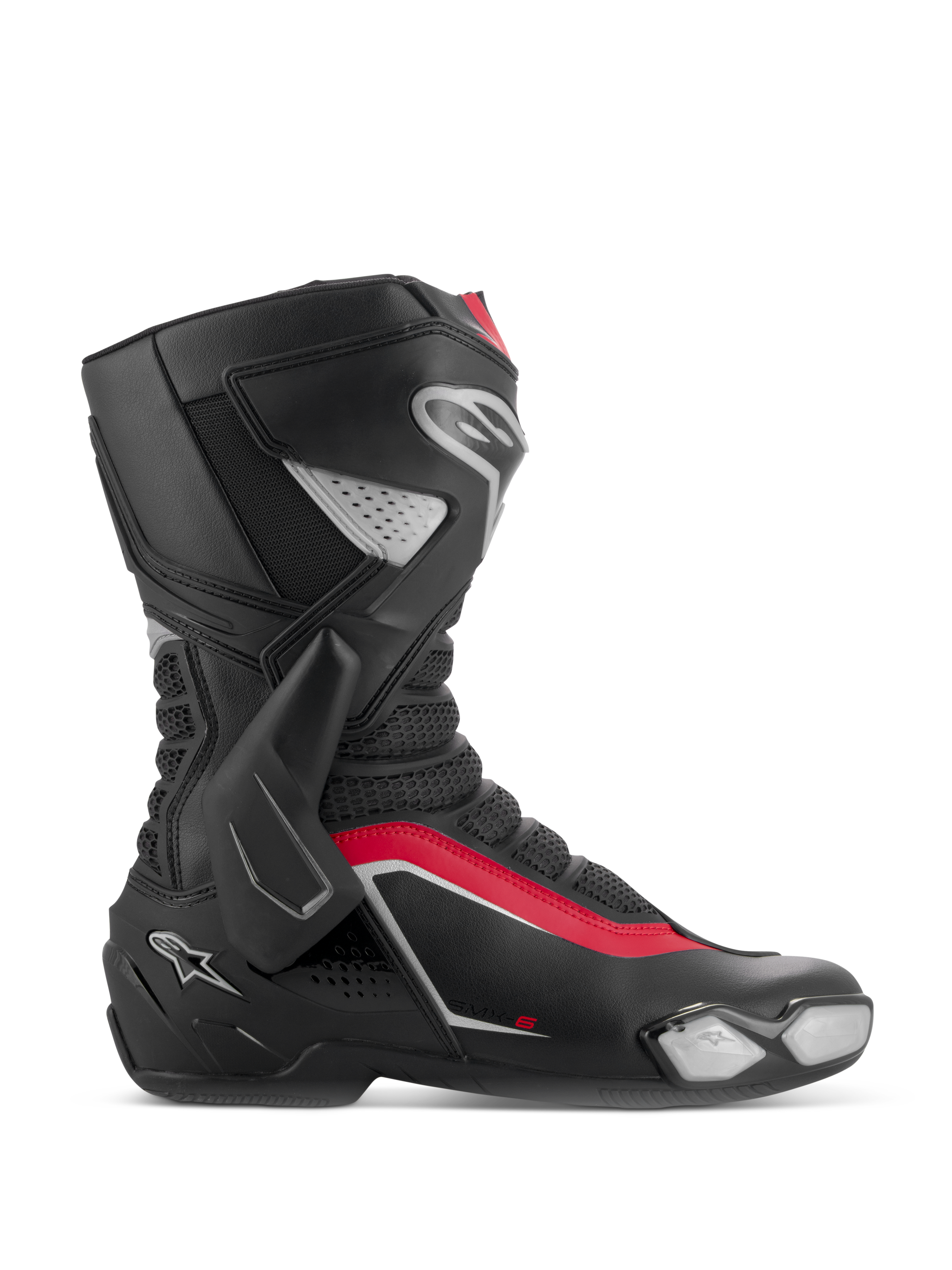 Alpinestars SMX-6 V3, stivali da moto racing, nero, argento e rosso, vista laterale con supporto biomeccanico in TPU, slider punta sostituibile e zone di flessione in rete per pista e strada.