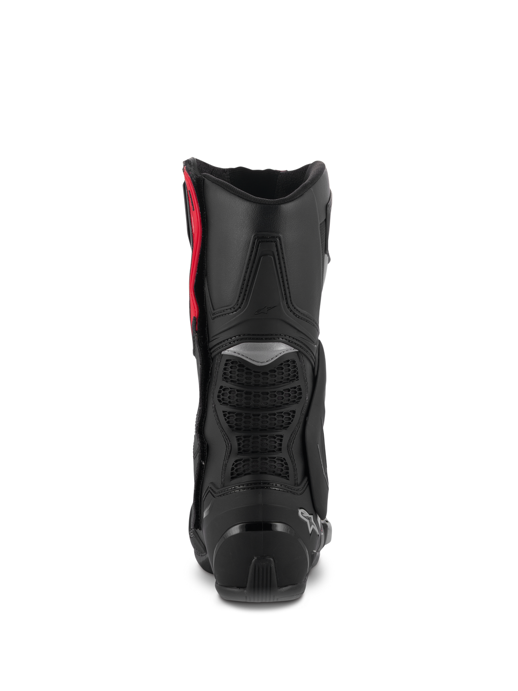 Stivali Alpinestars SMX-6 V3, stivali da moto performanti, nero argento rosso, vista posteriore che mostra la protezione per il polpaccio in TPU, le zone di flessione in rete e il rinforzo del tallone, calzature protettive ad alte prestazioni