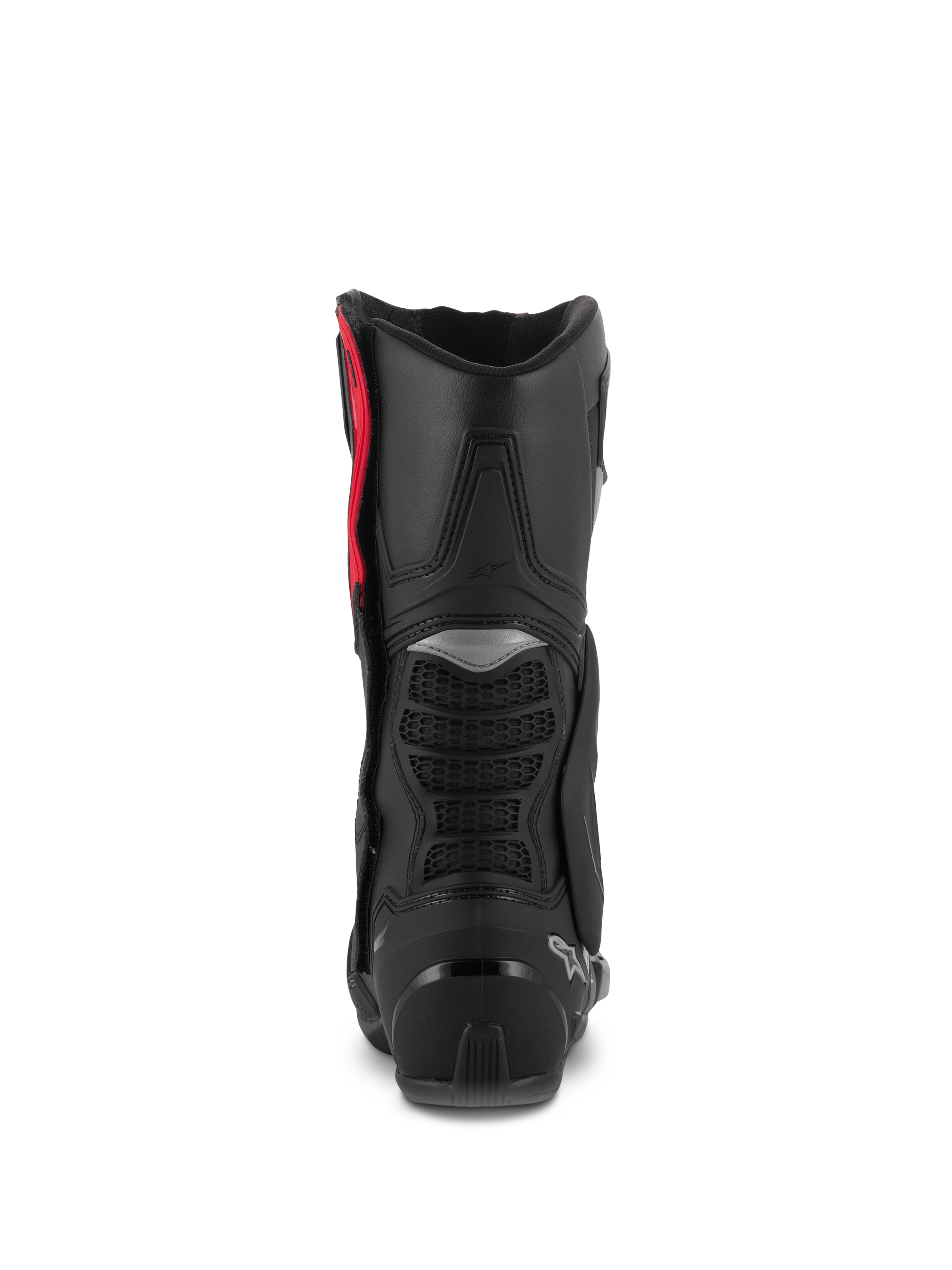 Stivali Alpinestars SMX-6 V3, stivali da moto performanti, nero argento rosso, vista posteriore che mostra la protezione per il polpaccio in TPU, le zone di flessione in rete e il rinforzo del tallone, calzature protettive ad alte prestazioni