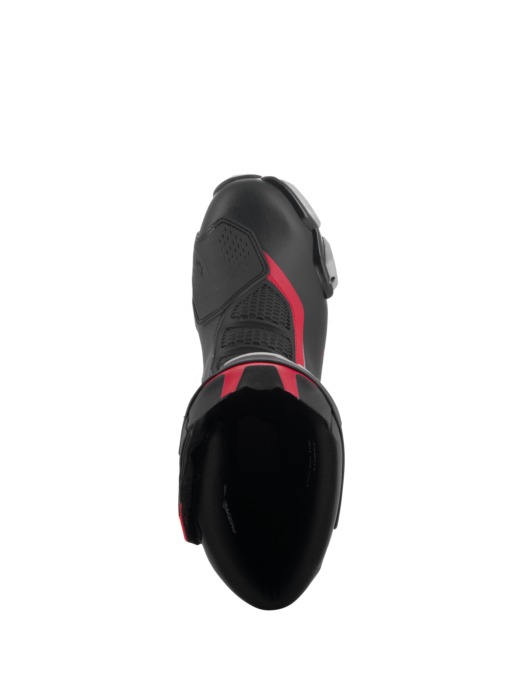 Vista dall'alto degli stivali Alpinestars SMX-6 V3 in Nero Argento Rosso, con l'apertura dello stivale, costruzione in microfibra con dettagli rossi e zona del cambio in TPU integrata.