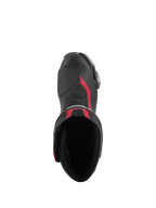 Vista dall'alto degli stivali Alpinestars SMX-6 V3 in Nero Argento Rosso, con l'apertura dello stivale, costruzione in microfibra con dettagli rossi e zona del cambio in TPU integrata.