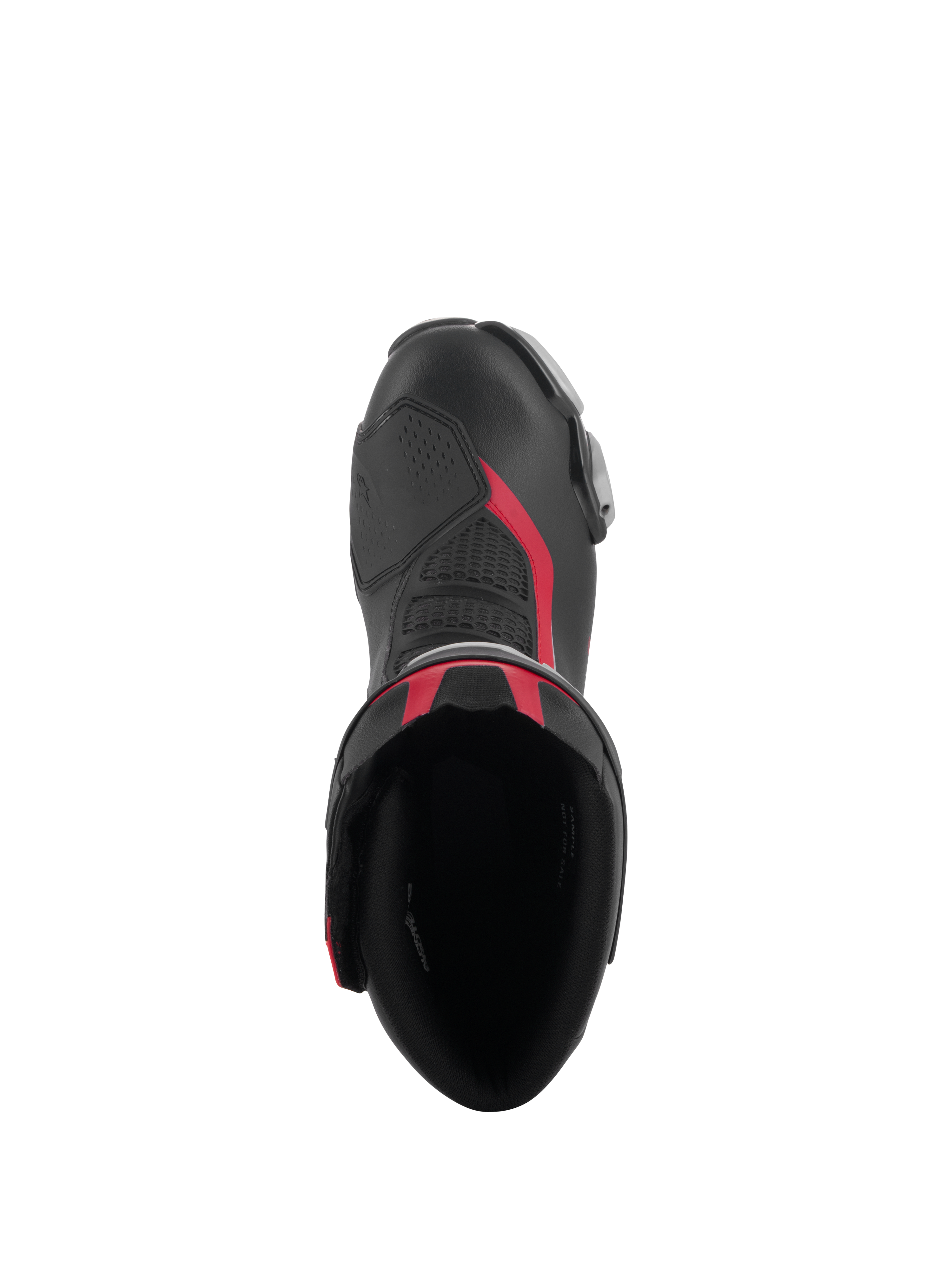 Vista dall'alto degli stivali Alpinestars SMX-6 V3 in Nero Argento Rosso, con l'apertura dello stivale, costruzione in microfibra con dettagli rossi e zona del cambio in TPU integrata.