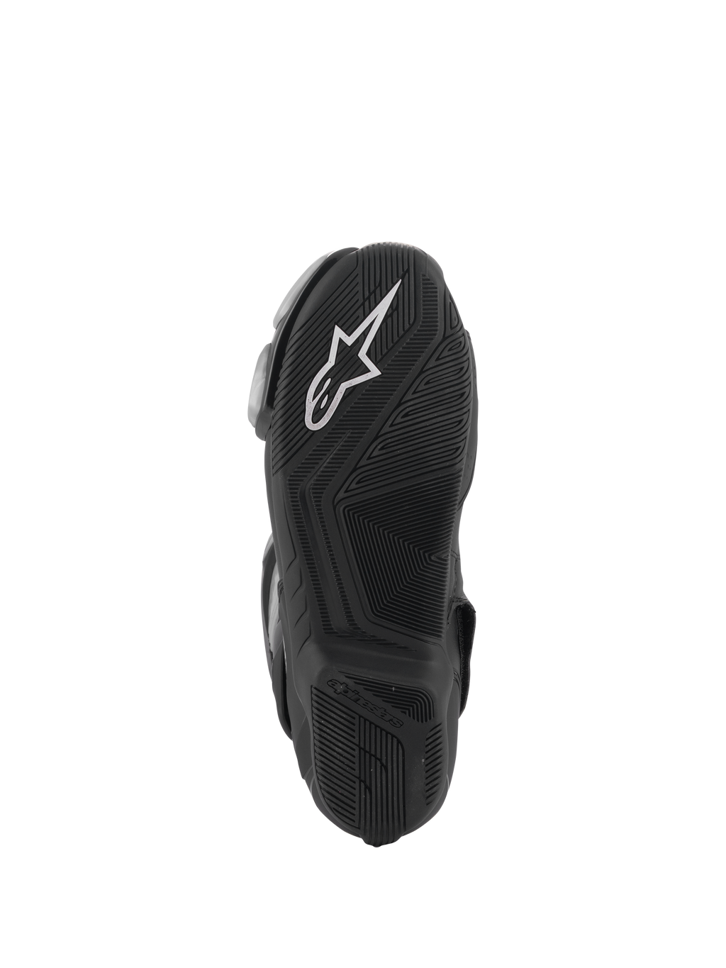 Stivali Alpinestars SMX-6 V3, nero, vista della suola con battistrada in gomma testurizzata per il grip, logo Alpinestars bianco sul tallone, marchio goffrato, progettati per la guida sportiva su pista e su strada