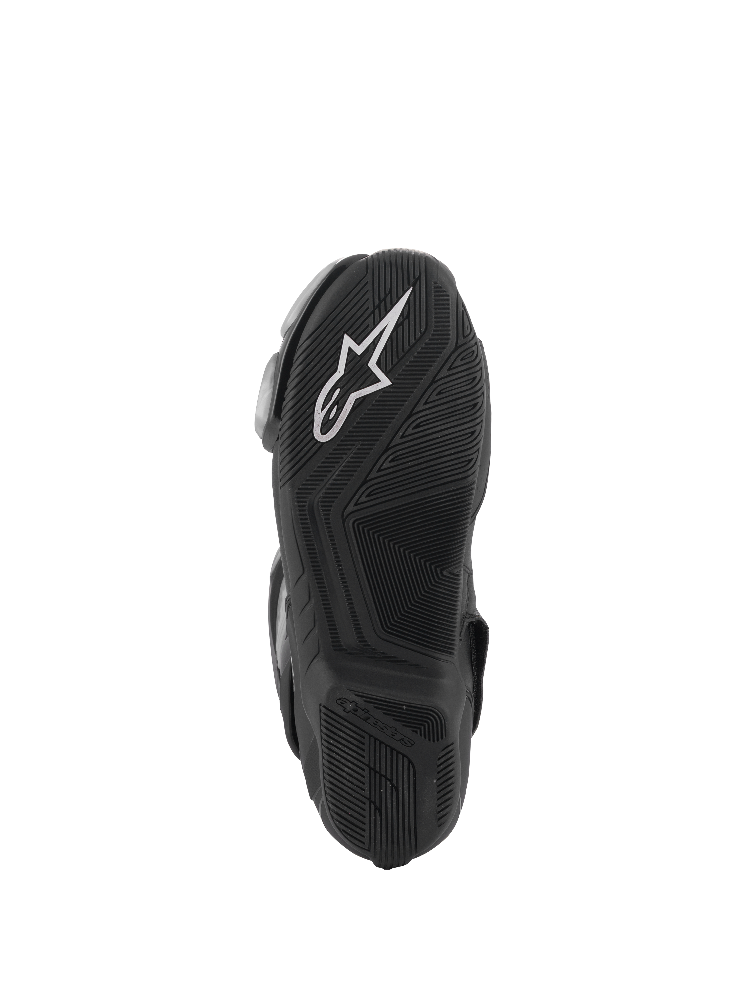 Stivali Alpinestars SMX-6 V3, nero, vista della suola con battistrada in gomma testurizzata per il grip, logo Alpinestars bianco sul tallone, marchio goffrato, progettati per la guida sportiva su pista e su strada