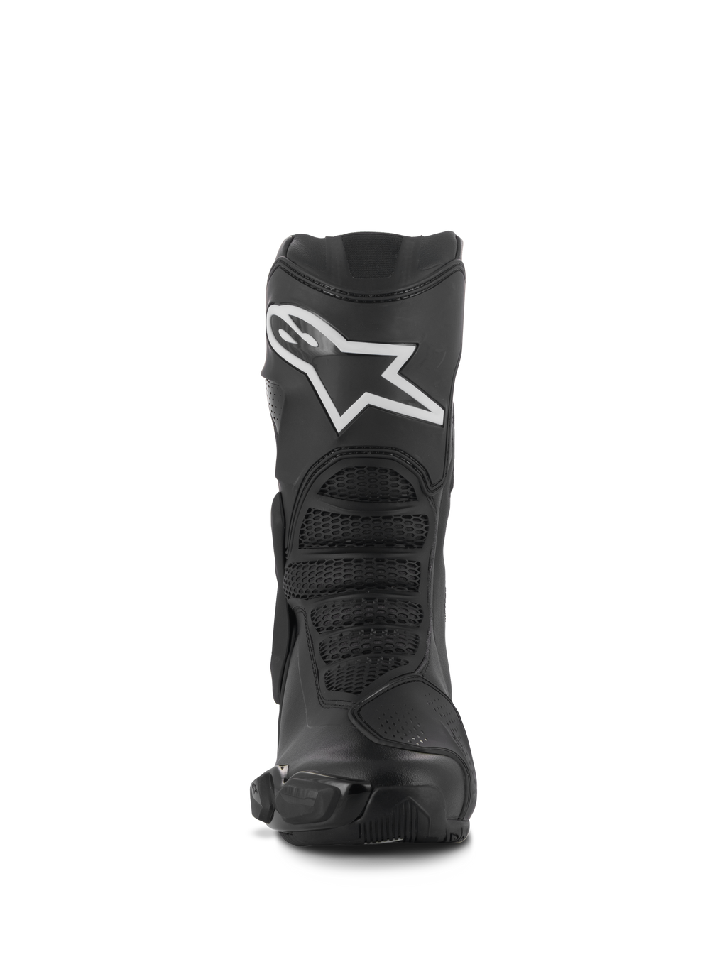 Stivali Alpinestars Stella SMX-6 V3, stivali da moto performanti da donna, nero con logo Alpinestars bianco, vista frontale con protezione per lo stinco in TPU e zone in mesh flessibile, robusta costruzione in microfibra