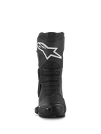 Stivali Alpinestars Stella SMX-6 V3, stivali da moto performanti da donna, nero con logo Alpinestars bianco, vista frontale con protezione per lo stinco in TPU e zone in mesh flessibile, robusta costruzione in microfibra
