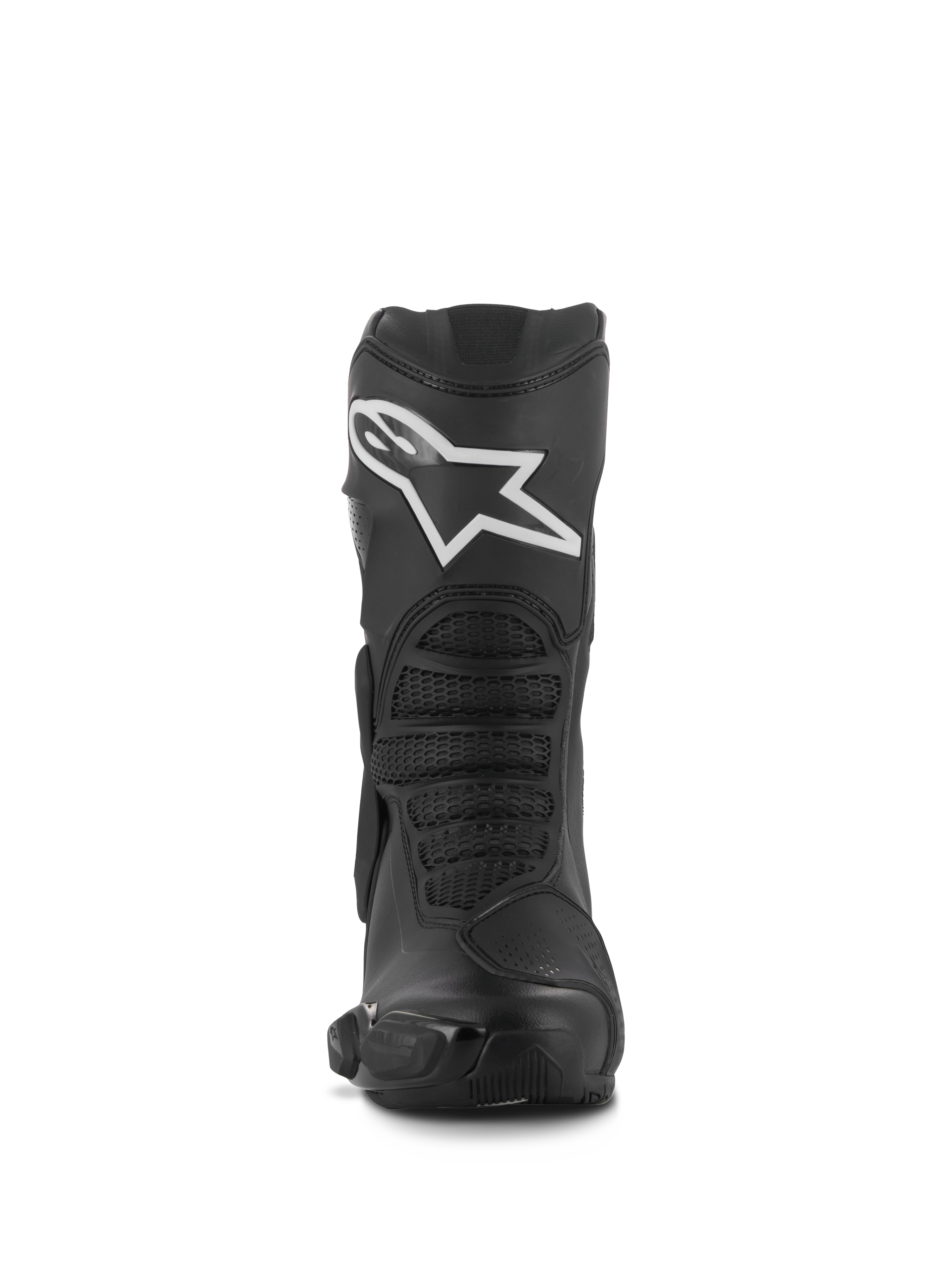 Stivali Alpinestars Stella SMX-6 V3, stivali da moto performanti da donna, nero con logo Alpinestars bianco, vista frontale con protezione per lo stinco in TPU e zone in mesh flessibile, robusta costruzione in microfibra