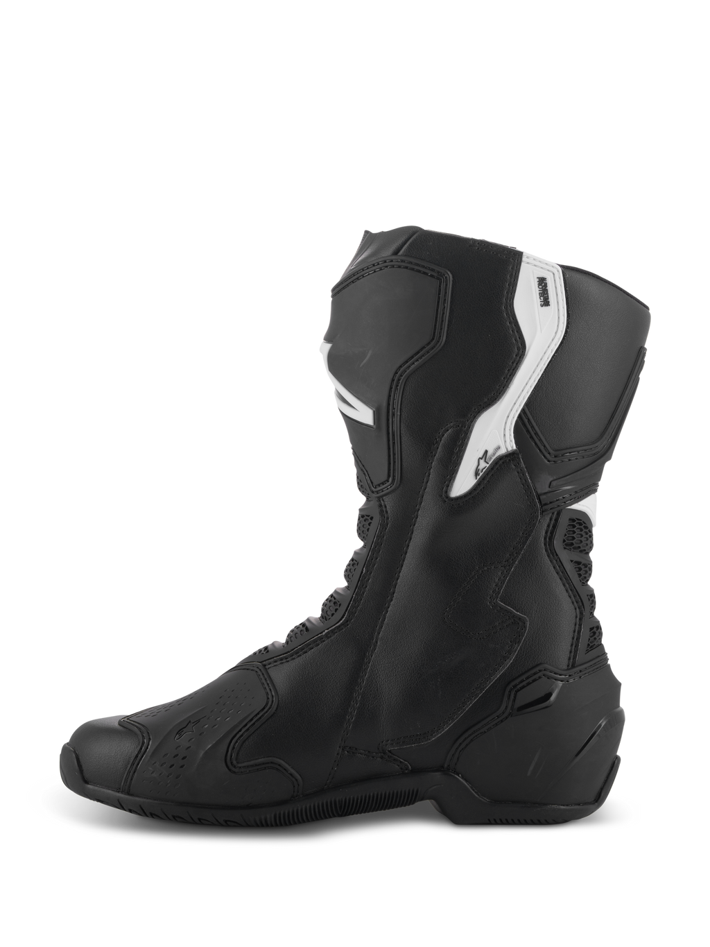 Stivali Alpinestars Stella SMX-6 V3, stivali da moto performanti da donna, nero e bianco, vista laterale mediale con tomaia ergonomica in microfibra, protezioni in TPU per stinco e caviglia, zone in mesh flessibile e design aerodinamico per uso su pista e strada