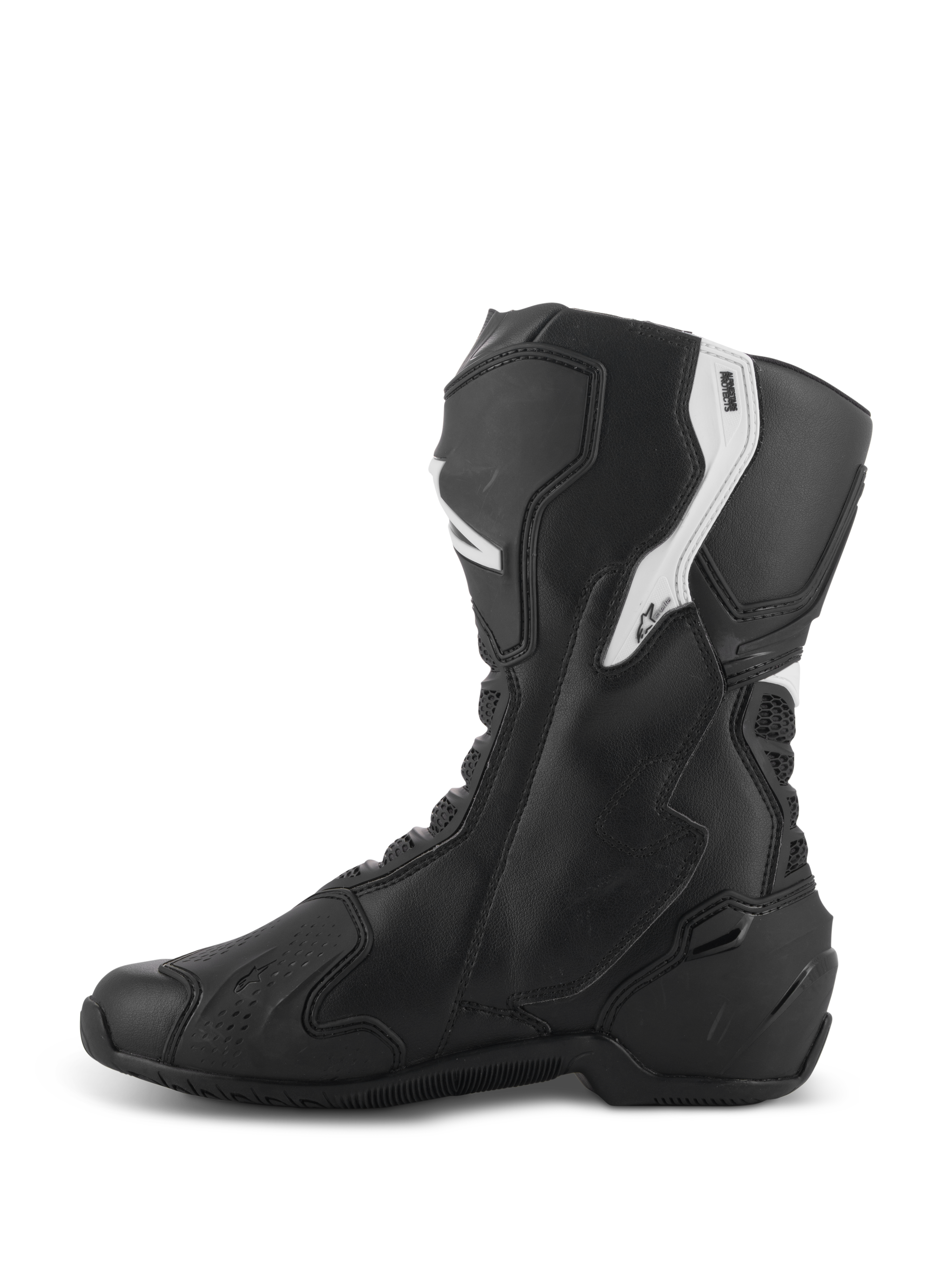 Stivali Alpinestars Stella SMX-6 V3, stivali da moto performanti da donna, nero e bianco, vista laterale mediale con tomaia ergonomica in microfibra, protezioni in TPU per stinco e caviglia, zone in mesh flessibile e design aerodinamico per uso su pista e strada