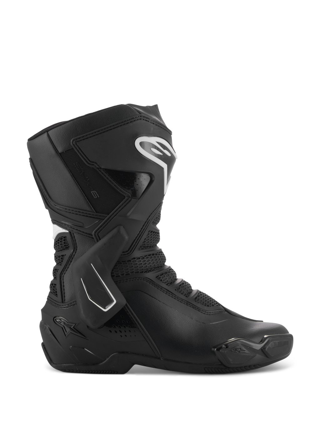 Stivali Alpinestars Stella SMX-6 V3, stivali moto racing da donna, nero e bianco, vista laterale con protezione caviglia in TPU e parastinchi, pannelli in mesh traspirante, logo Alpinestars bianco sul davanti, progettati per prestazioni in pista e su strada
